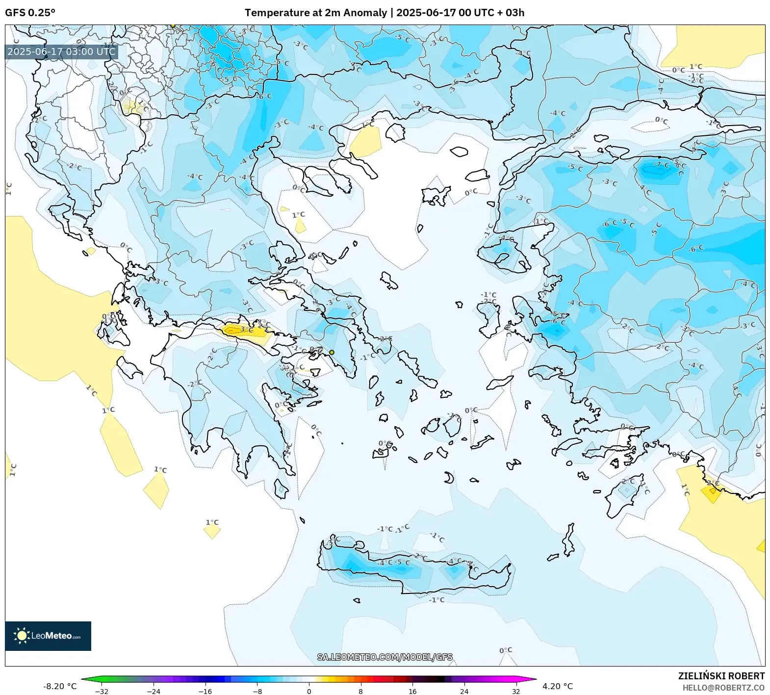 GFS model - Yunani, Anomali Suhu 2 m GFS model - Yunani, Anomali Suhu 2 m