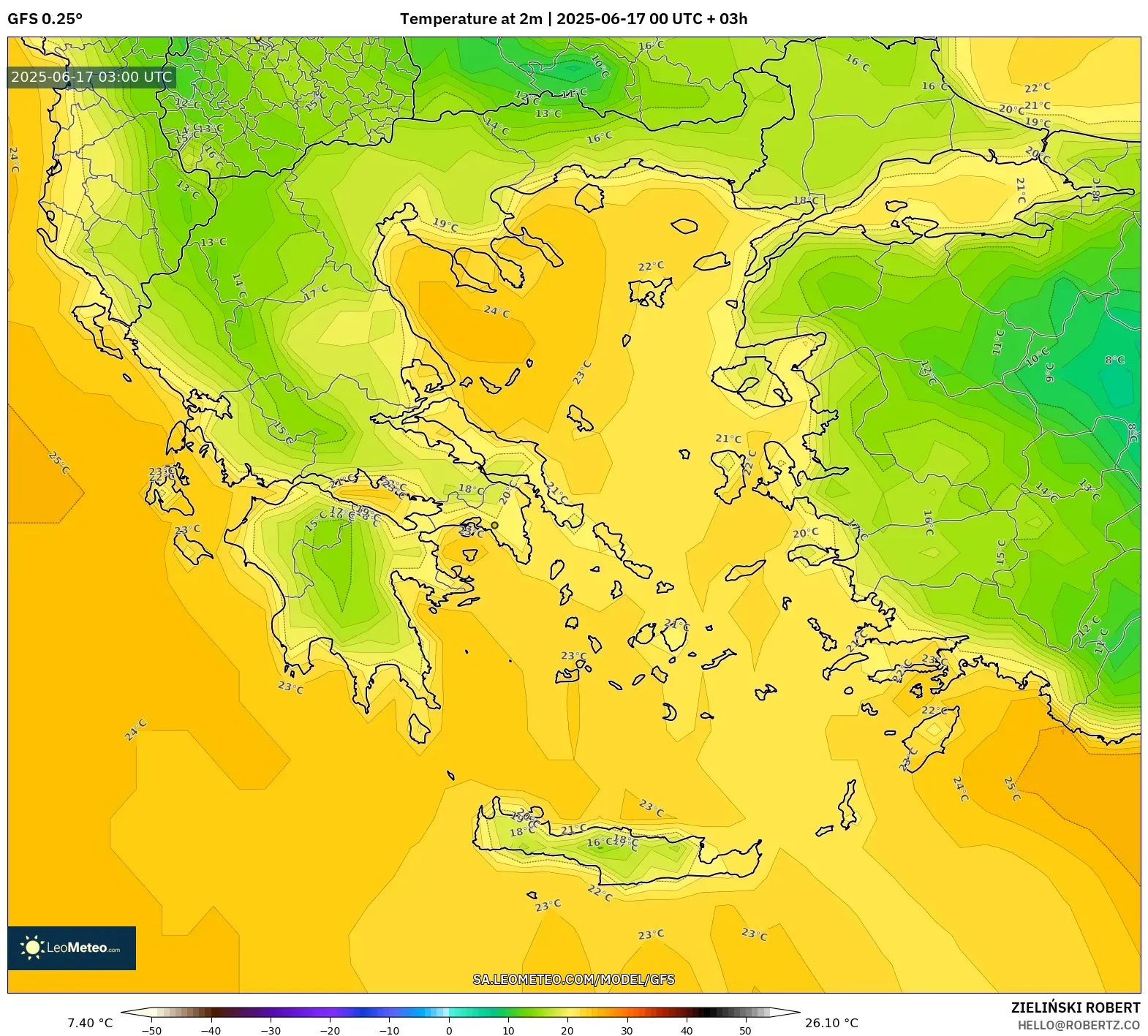 GFS model - Yunani, Suhu pada 2 m GFS model - Yunani, Suhu pada 2 m
