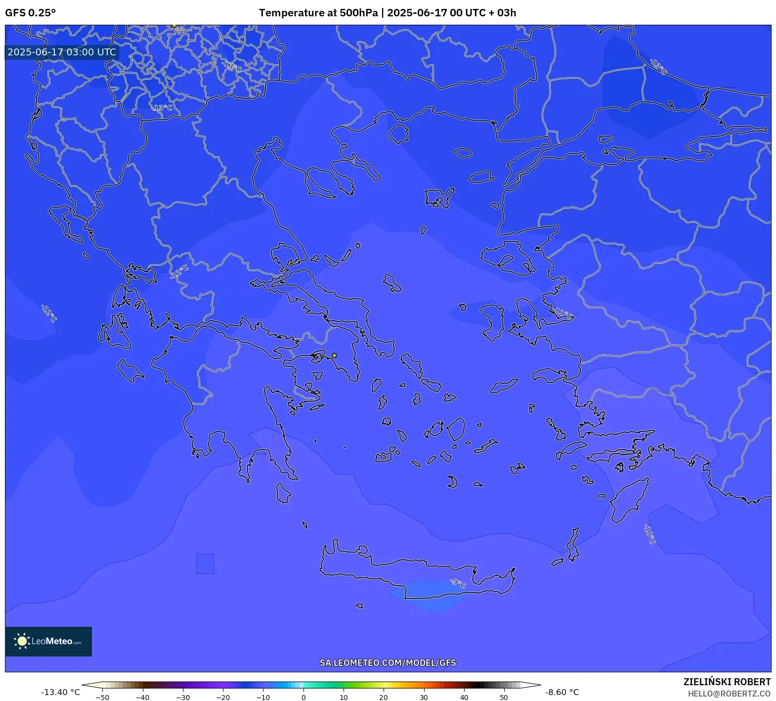 GFS model - Yunani, Suhu 500 hPa GFS model - Yunani, Suhu 500 hPa