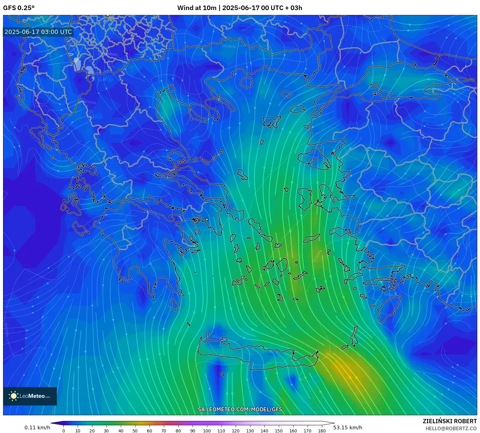GFS model - Yunani, Angin 10 m GFS model - Yunani, Angin 10 m