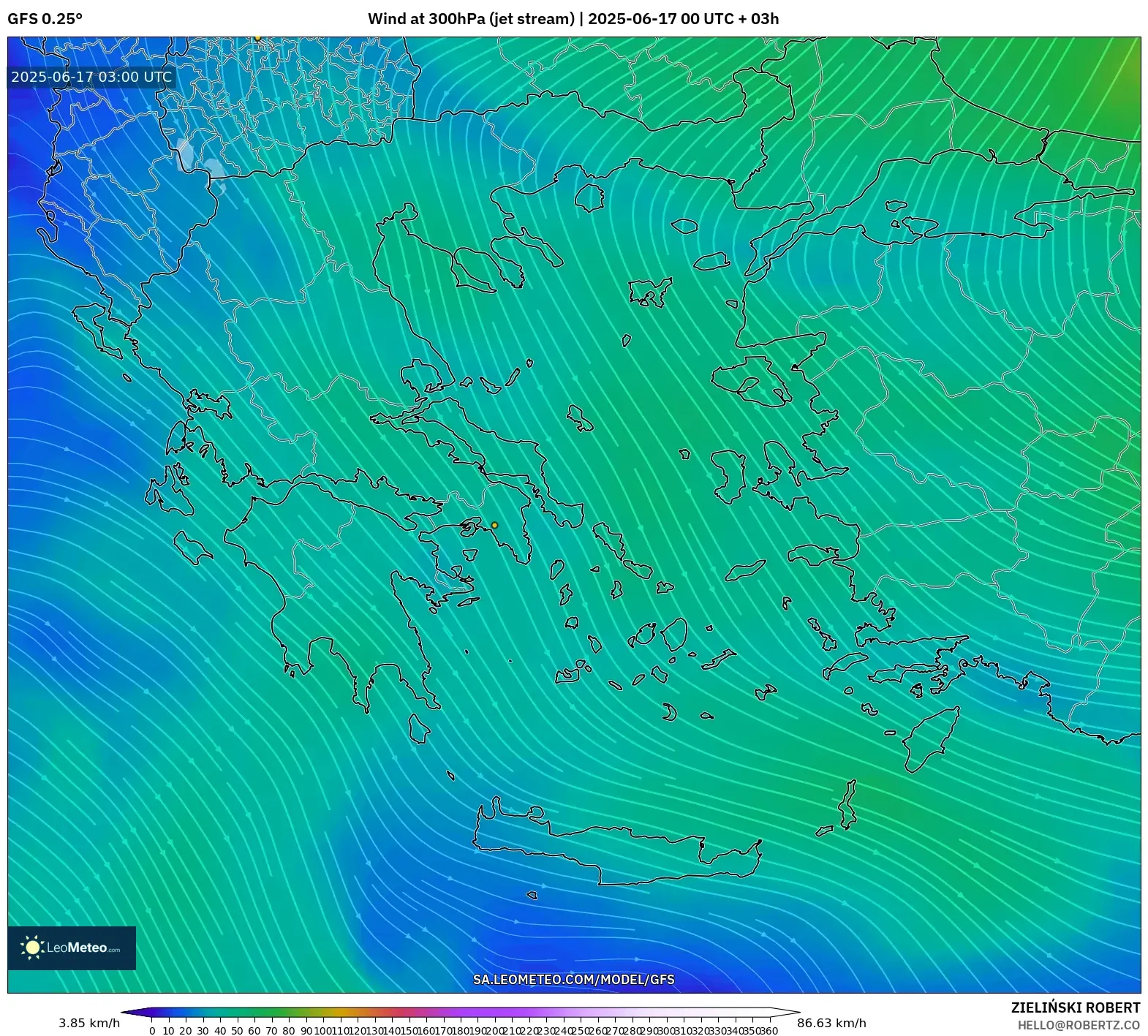 GFS model - Yunani, Angin 300 hPa (aliran jet) GFS model - Yunani, Angin 300 hPa (aliran jet)