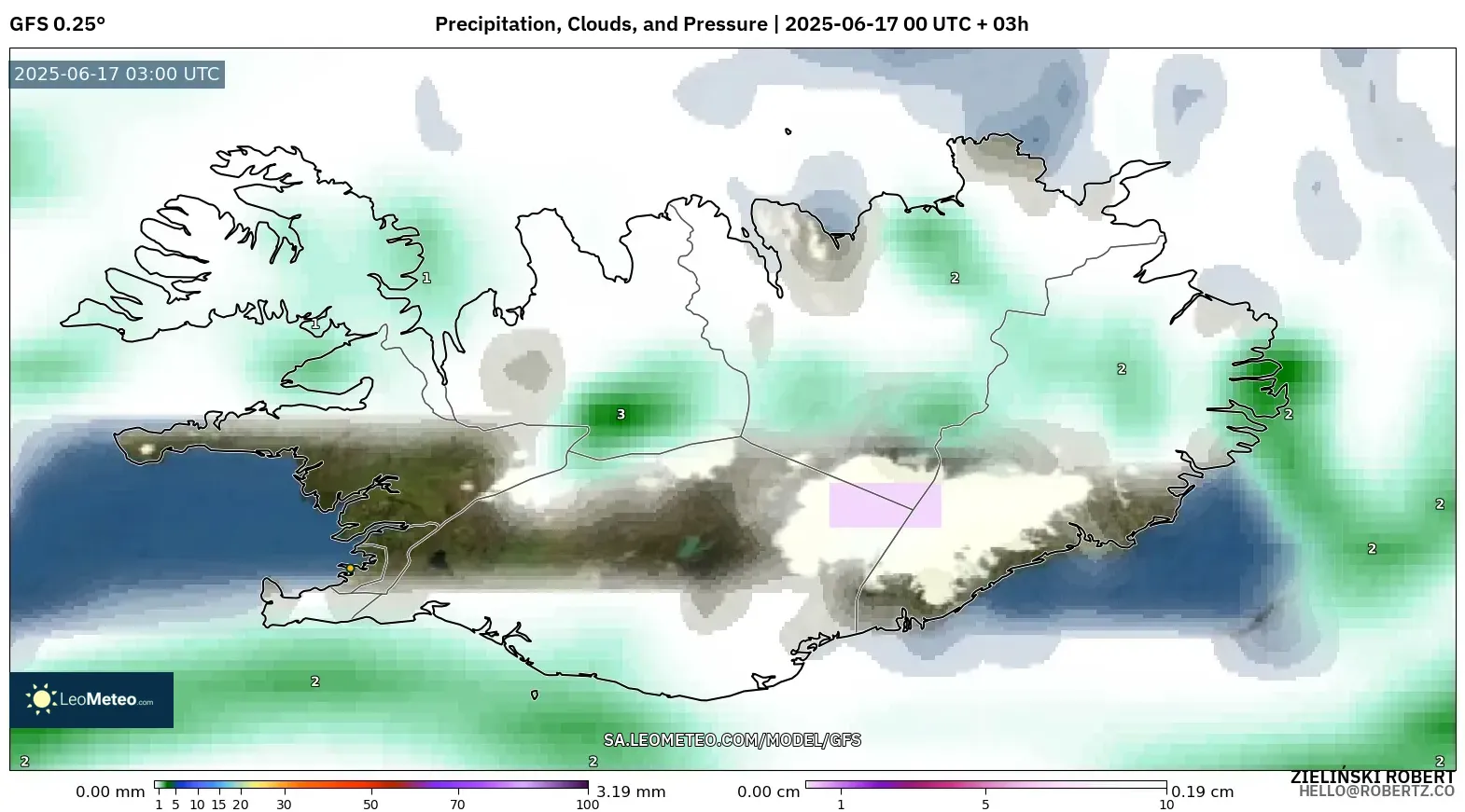 GFS model - Iceland, Hujan, Awan dan Tekanan