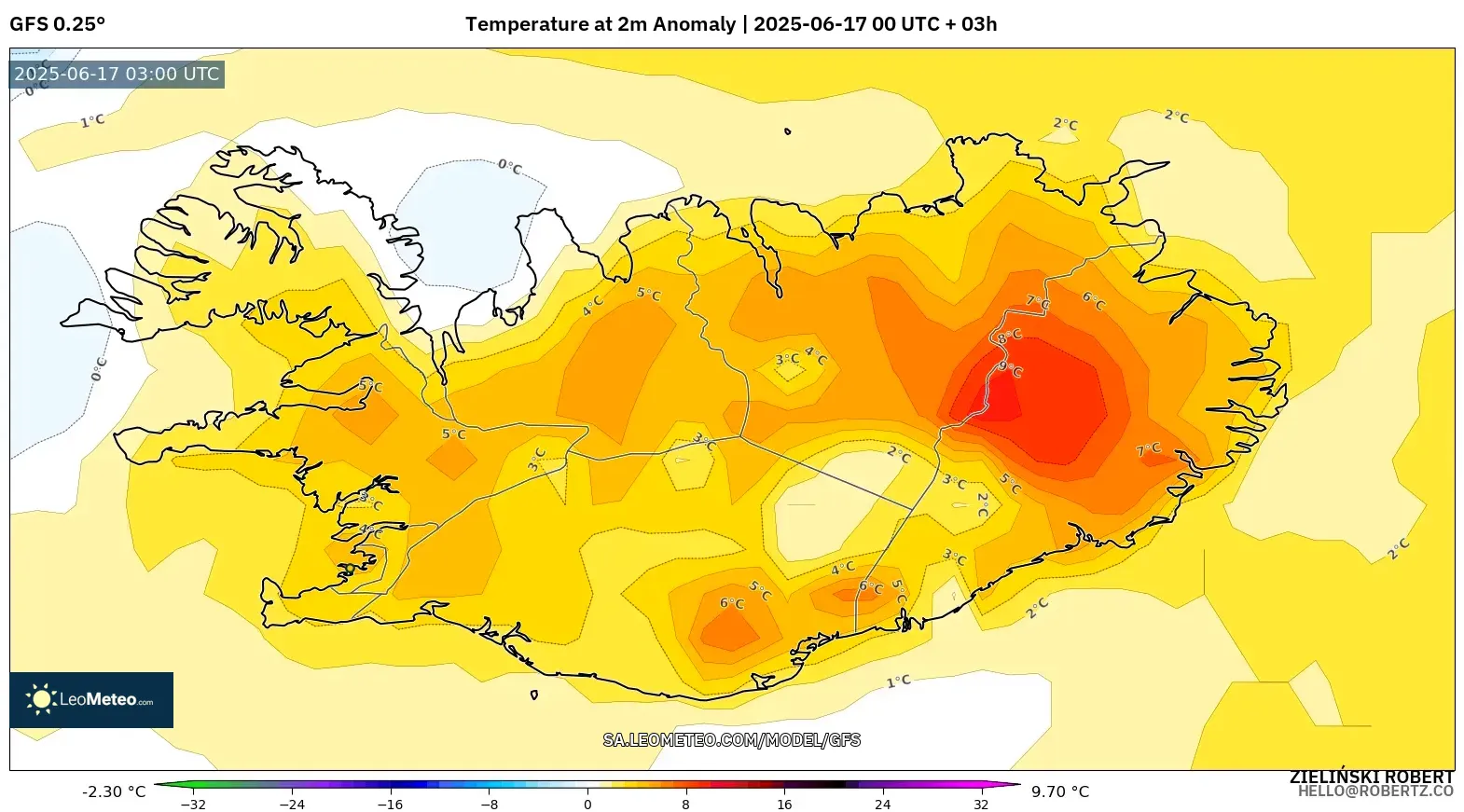 GFS model - Iceland, Anomali Suhu 2 m GFS model - Iceland, Anomali Suhu 2 m