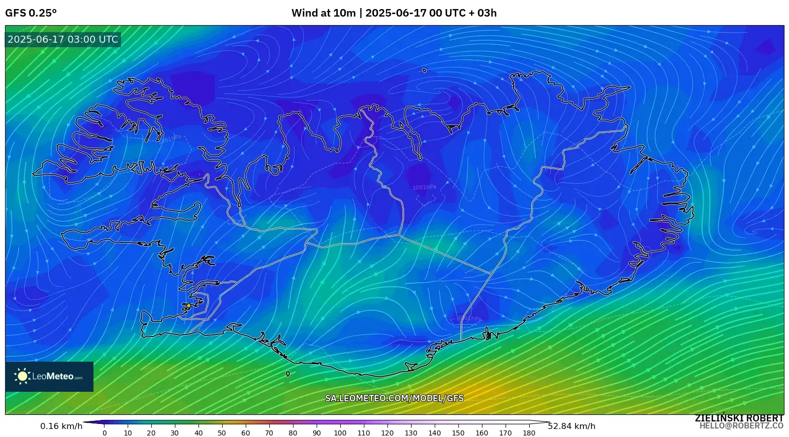 GFS model - Iceland, Angin 10 m GFS model - Iceland, Angin 10 m