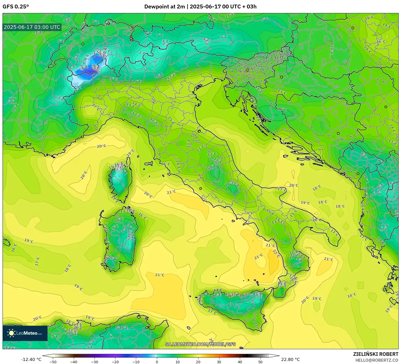 GFS model - Itali, Takat Embun 2 m GFS model - Itali, Takat Embun 2 m
