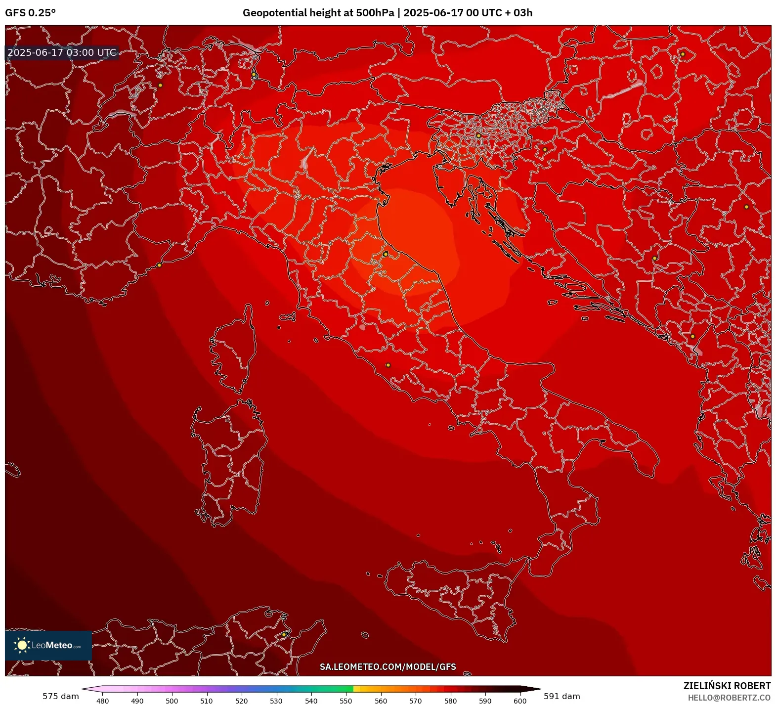 GFS model - Itali, Ketinggian geopotensial pada 500 hPa GFS model - Itali, Ketinggian geopotensial pada 500 hPa