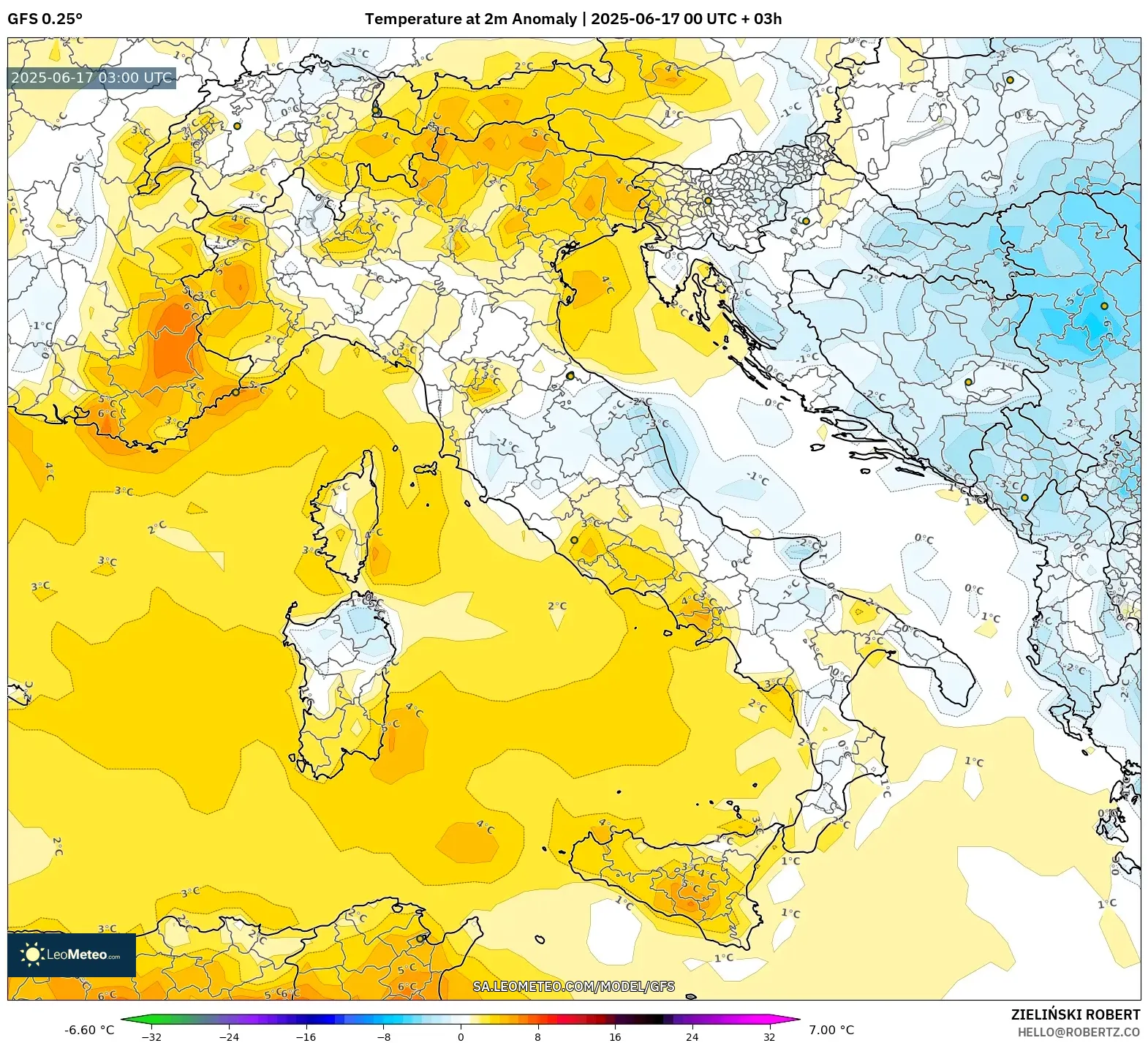 GFS model - Itali, Anomali Suhu 2 m GFS model - Itali, Anomali Suhu 2 m