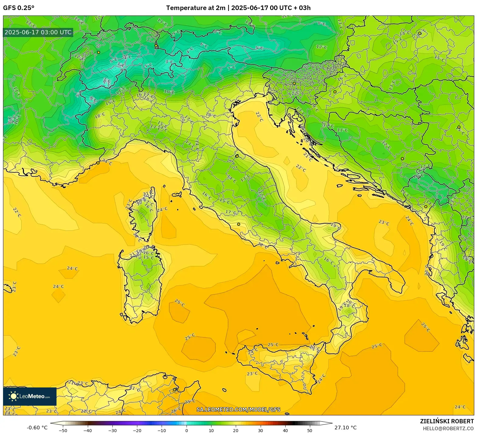GFS model - Itali, Suhu pada 2 m GFS model - Itali, Suhu pada 2 m