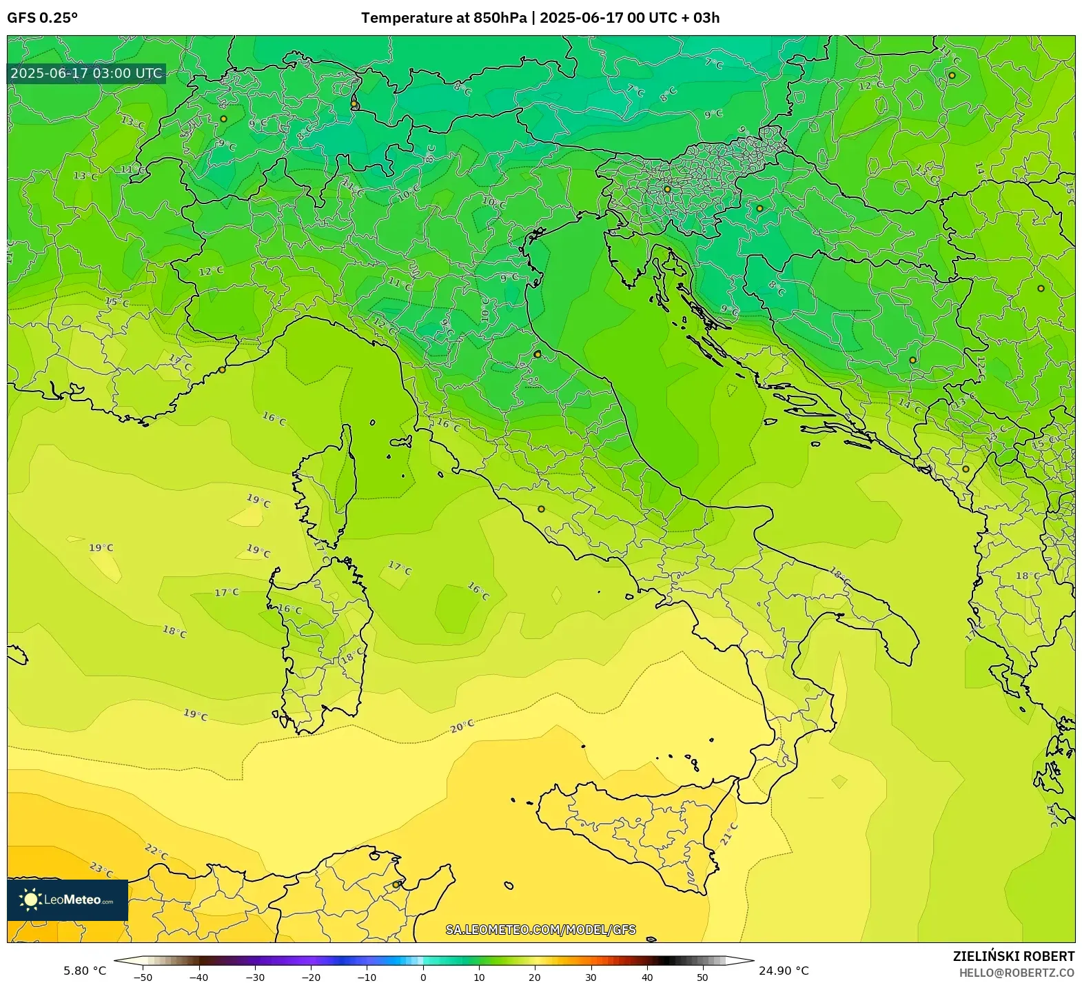 GFS model - Itali, Suhu 850 hPa GFS model - Itali, Suhu 850 hPa