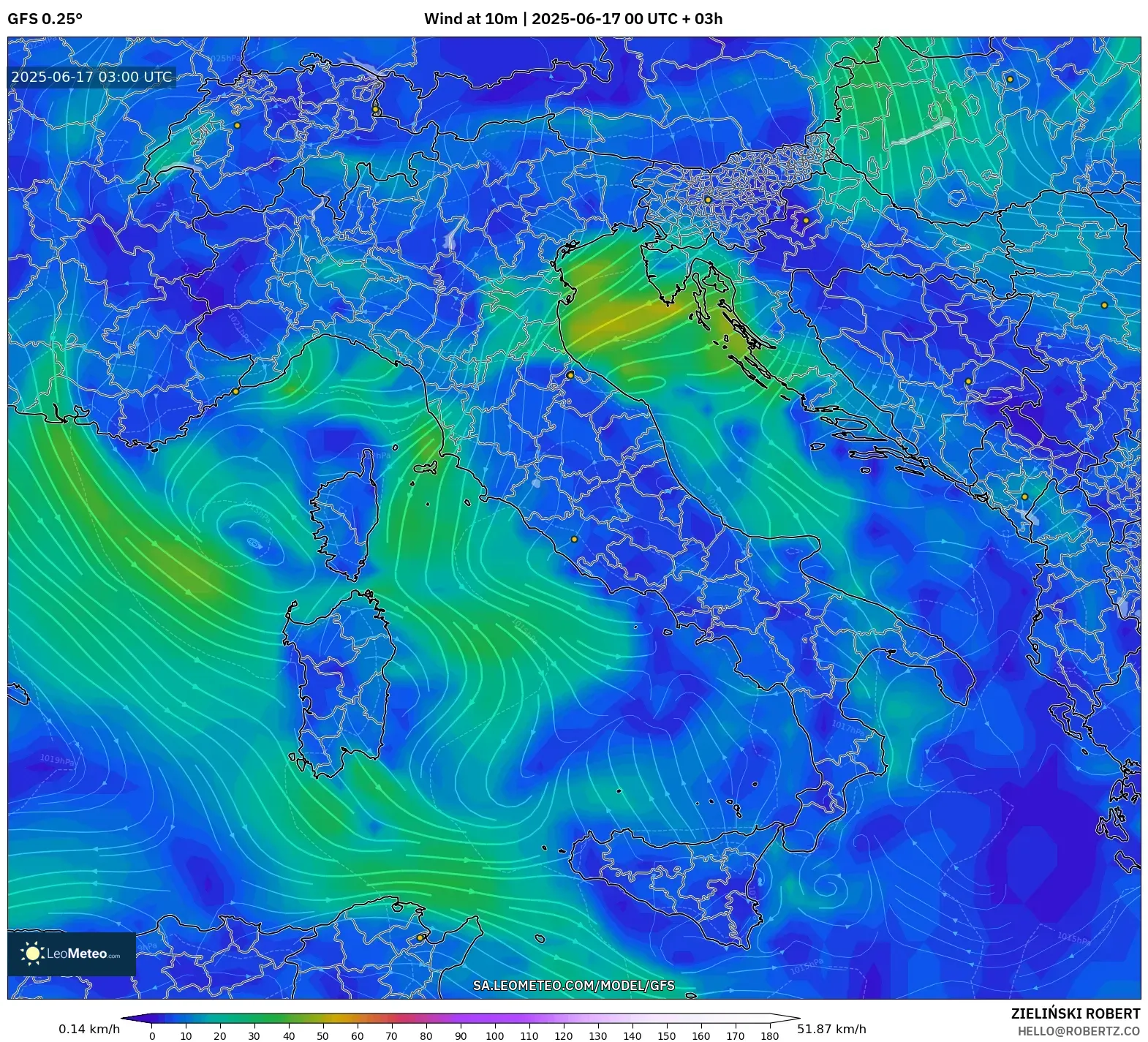 GFS model - Itali, Angin 10 m GFS model - Itali, Angin 10 m