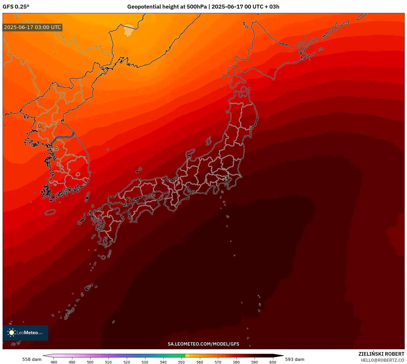 GFS model - Jepun, Ketinggian geopotensial pada 500 hPa GFS model - Jepun, Ketinggian geopotensial pada 500 hPa