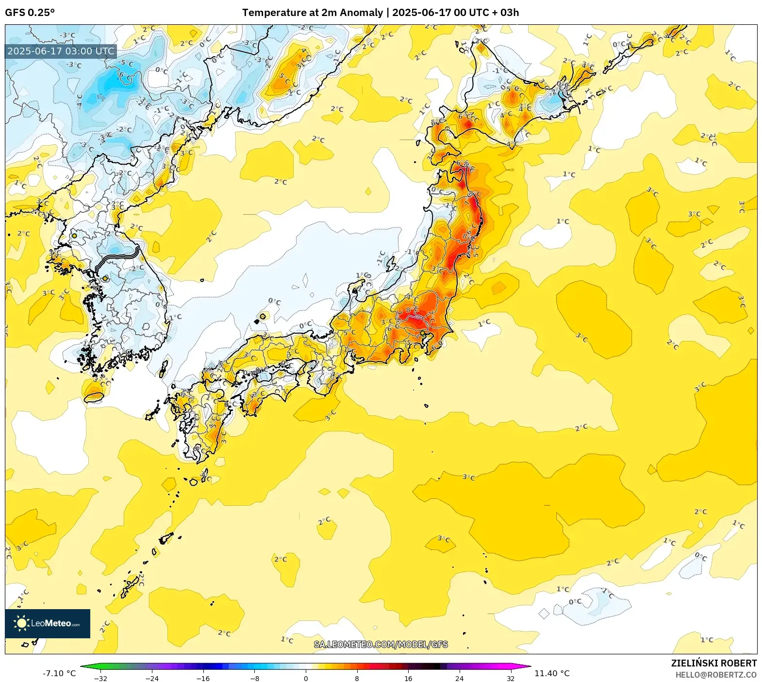 GFS model - Jepun, Anomali Suhu 2 m GFS model - Jepun, Anomali Suhu 2 m