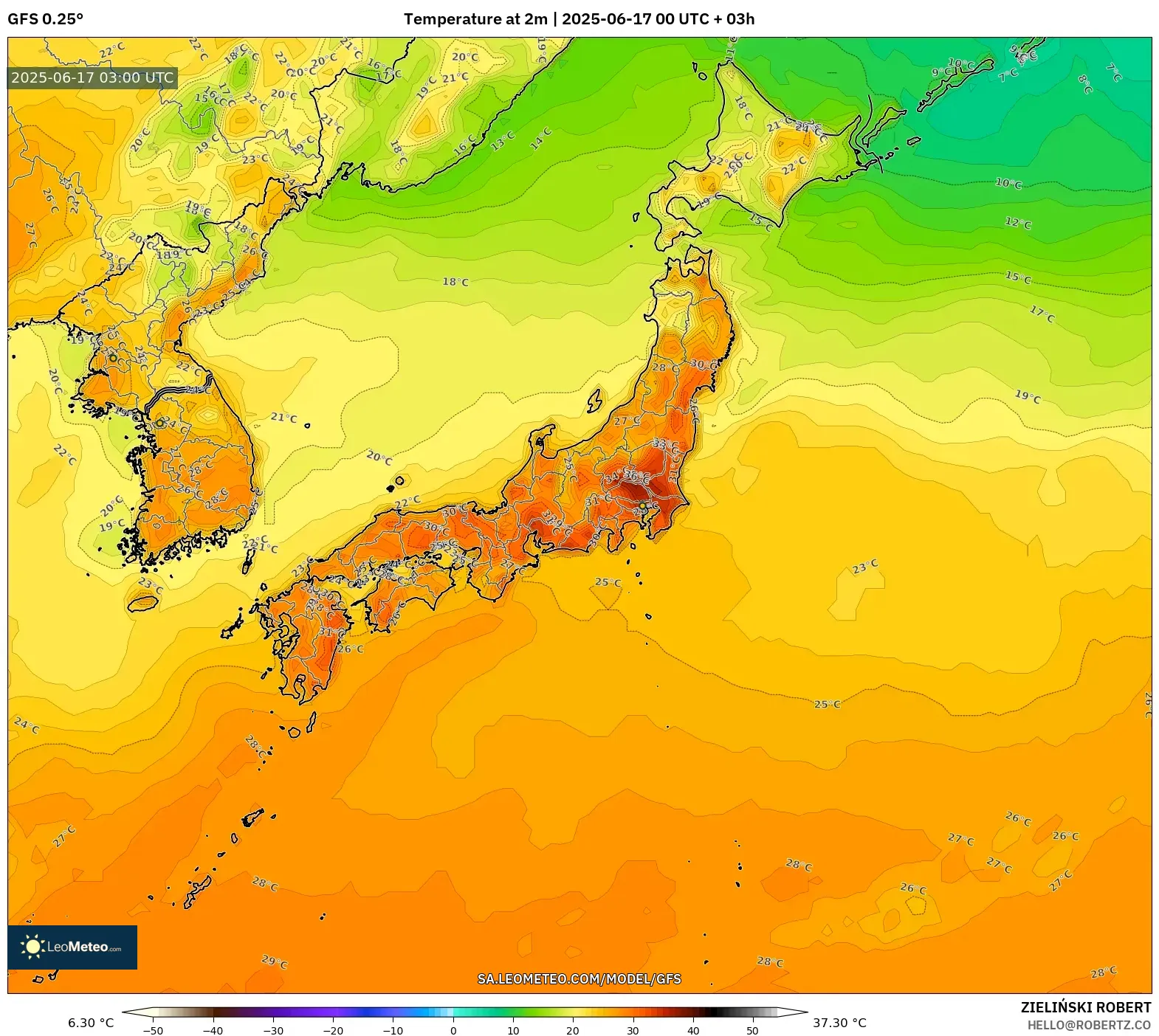 GFS model - Jepun, Suhu pada 2 m GFS model - Jepun, Suhu pada 2 m