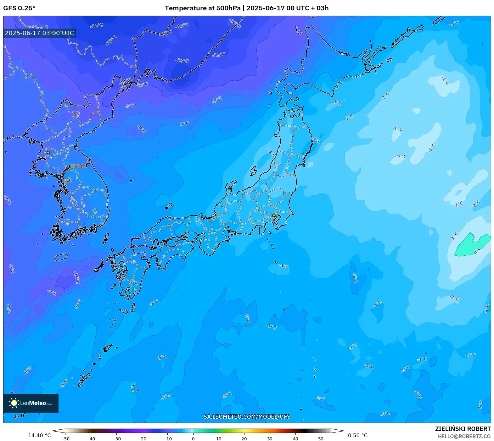GFS model - Jepun, Suhu 500 hPa GFS model - Jepun, Suhu 500 hPa