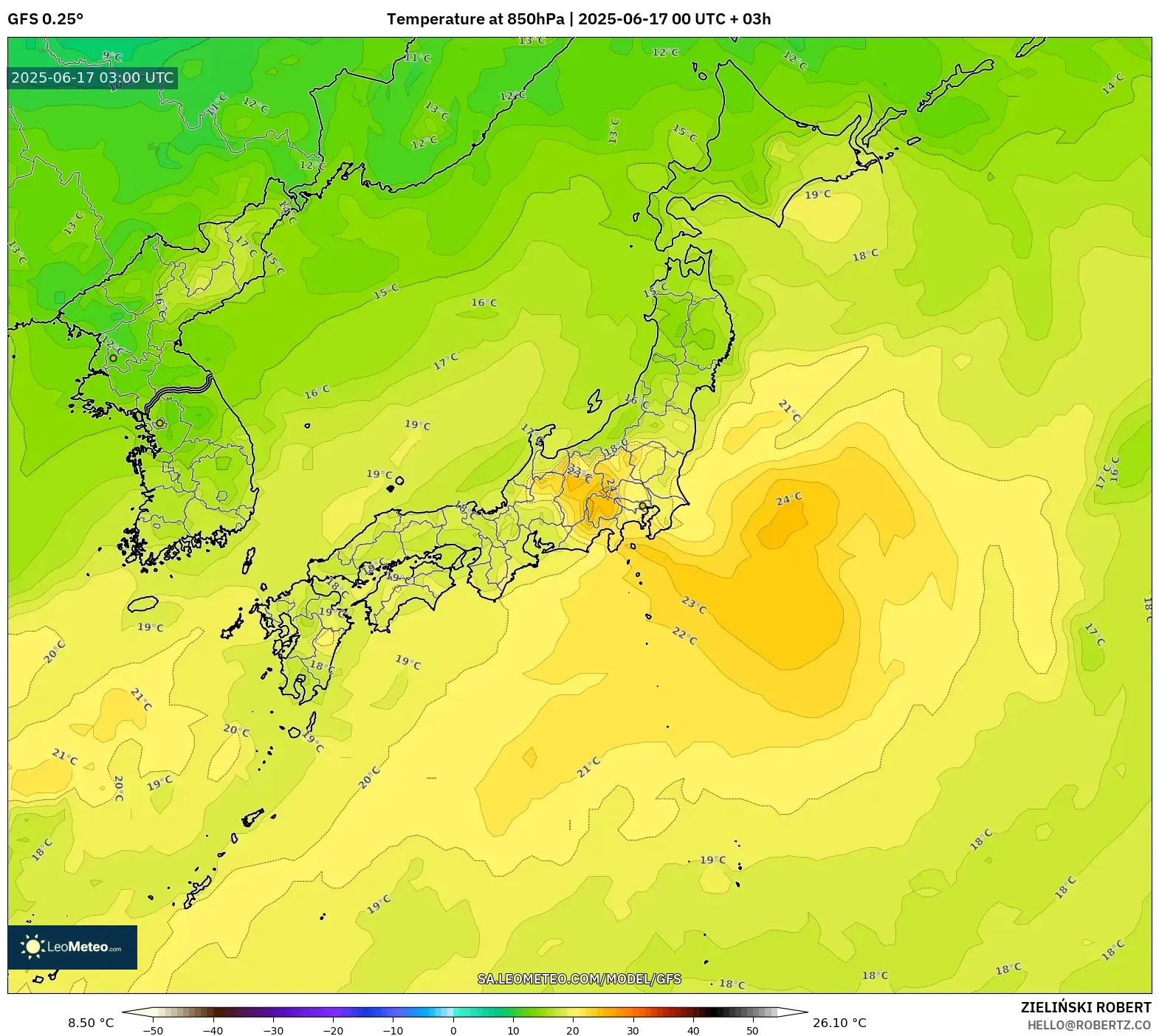 GFS model - Jepun, Suhu 850 hPa GFS model - Jepun, Suhu 850 hPa