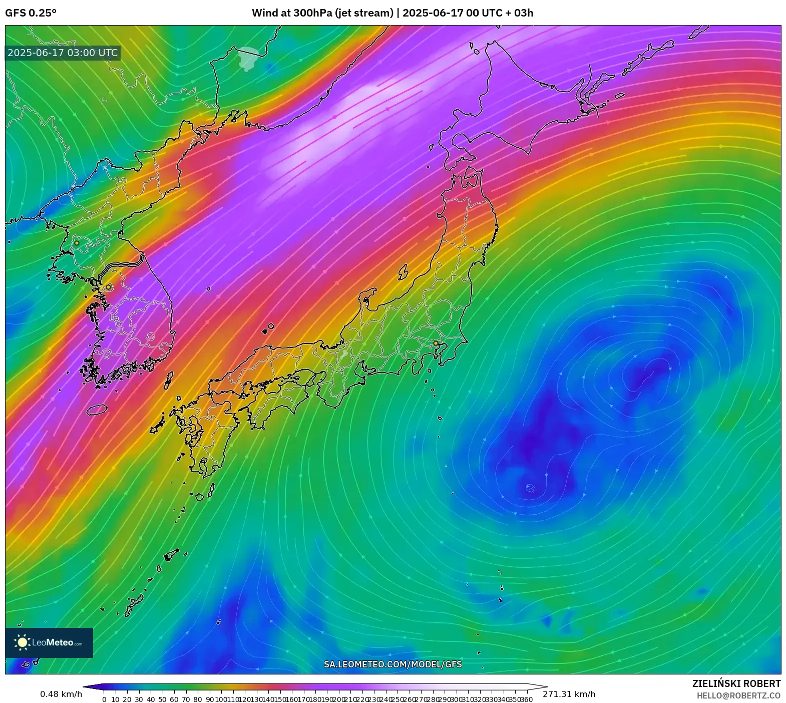GFS model - Jepun, Angin 300 hPa (aliran jet) GFS model - Jepun, Angin 300 hPa (aliran jet)