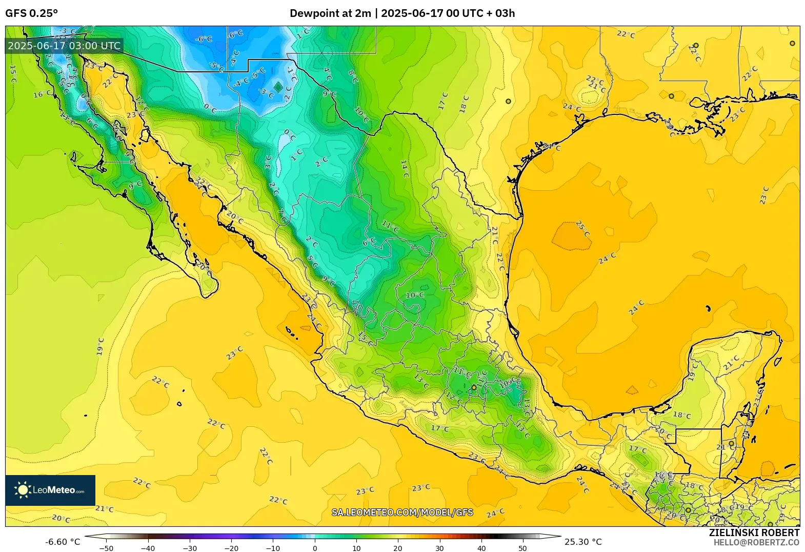 GFS model - Mexico, Takat Embun 2 m GFS model - Mexico, Takat Embun 2 m