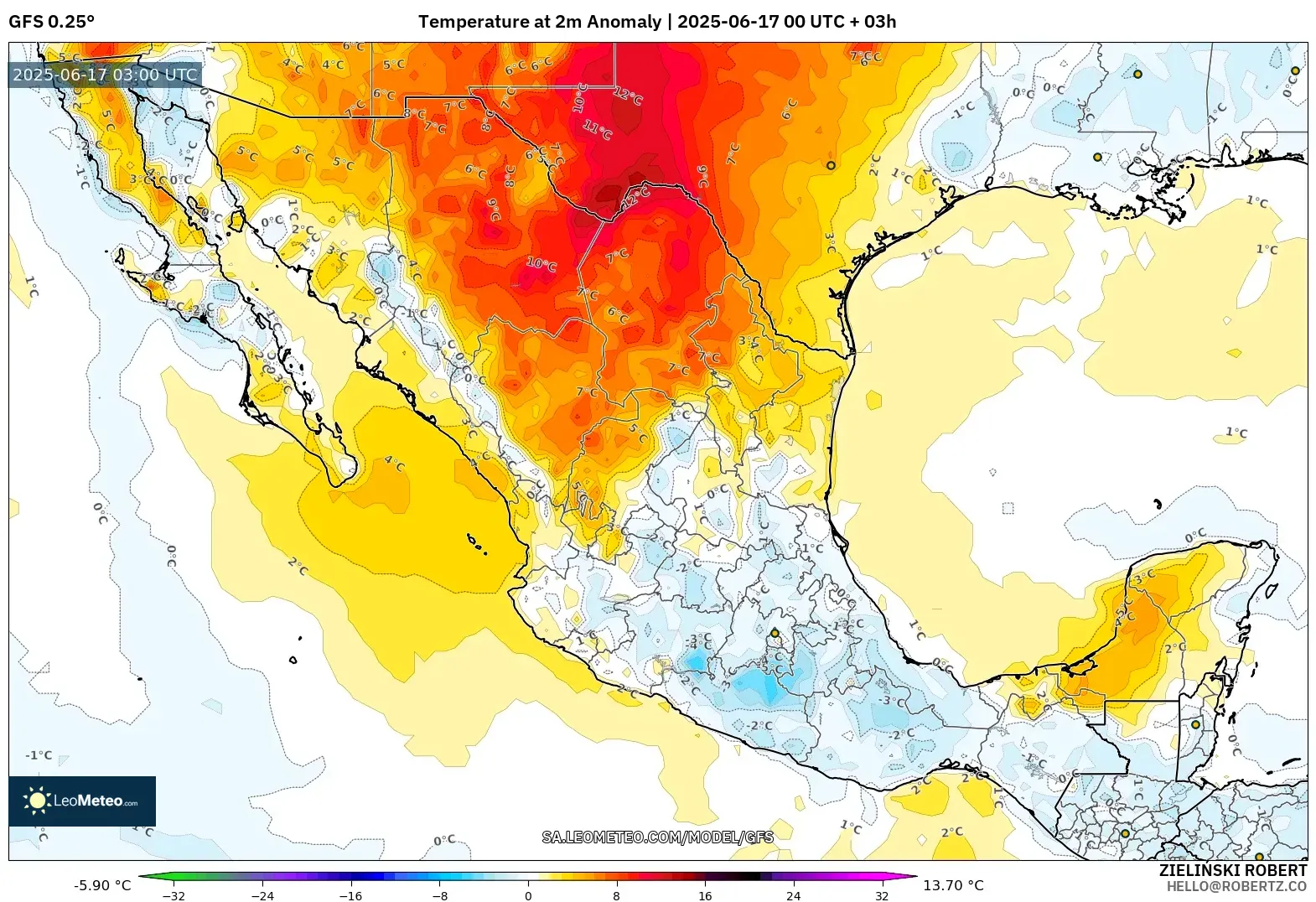 GFS model - Mexico, Anomali Suhu 2 m GFS model - Mexico, Anomali Suhu 2 m