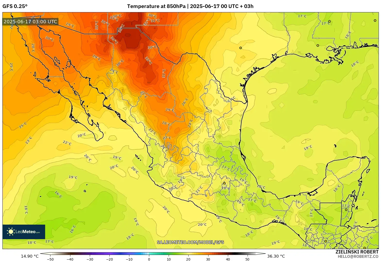 GFS model - Mexico, Suhu 850 hPa GFS model - Mexico, Suhu 850 hPa
