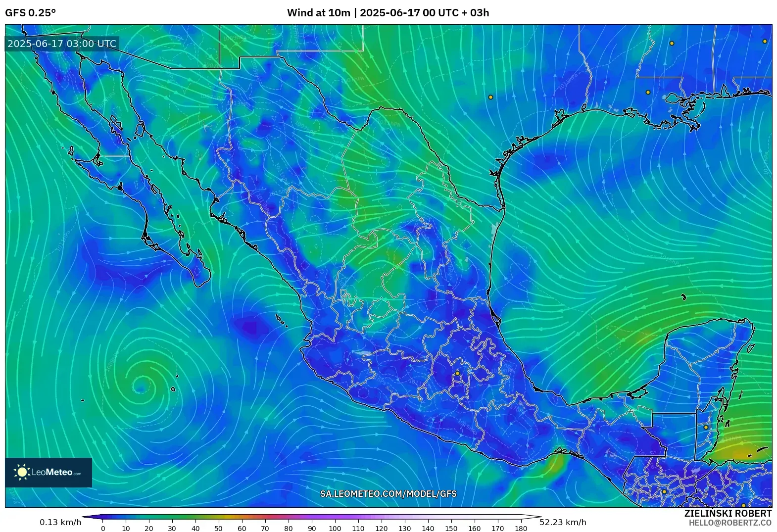 GFS model - Mexico, Angin 10 m GFS model - Mexico, Angin 10 m