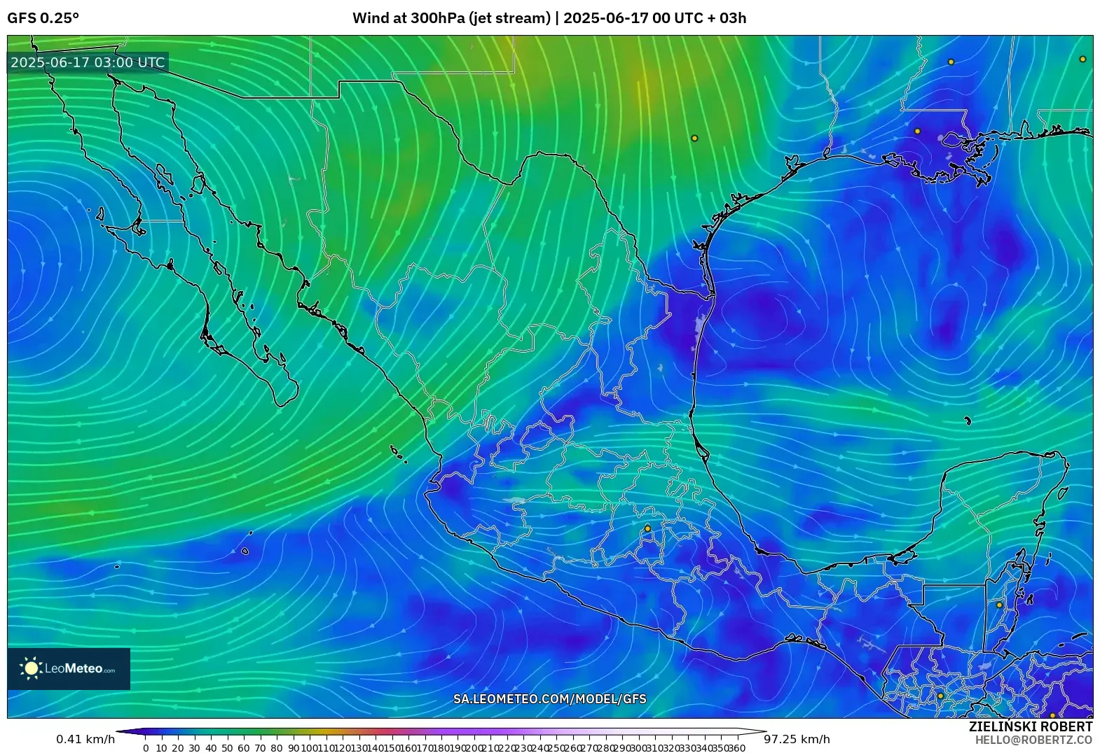 GFS model - Mexico, Angin 300 hPa (aliran jet) GFS model - Mexico, Angin 300 hPa (aliran jet)