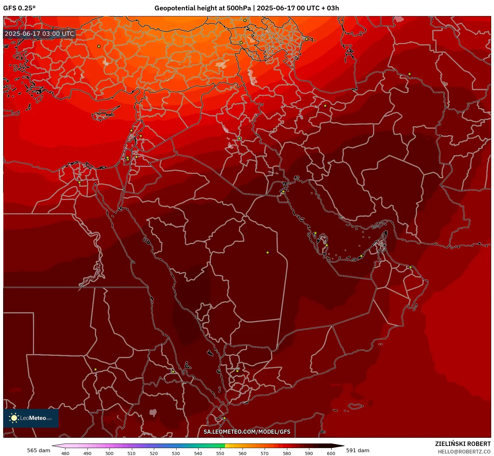 GFS model - Timur Tengah, Ketinggian geopotensial pada 500 hPa GFS model - Timur Tengah, Ketinggian geopotensial pada 500 hPa