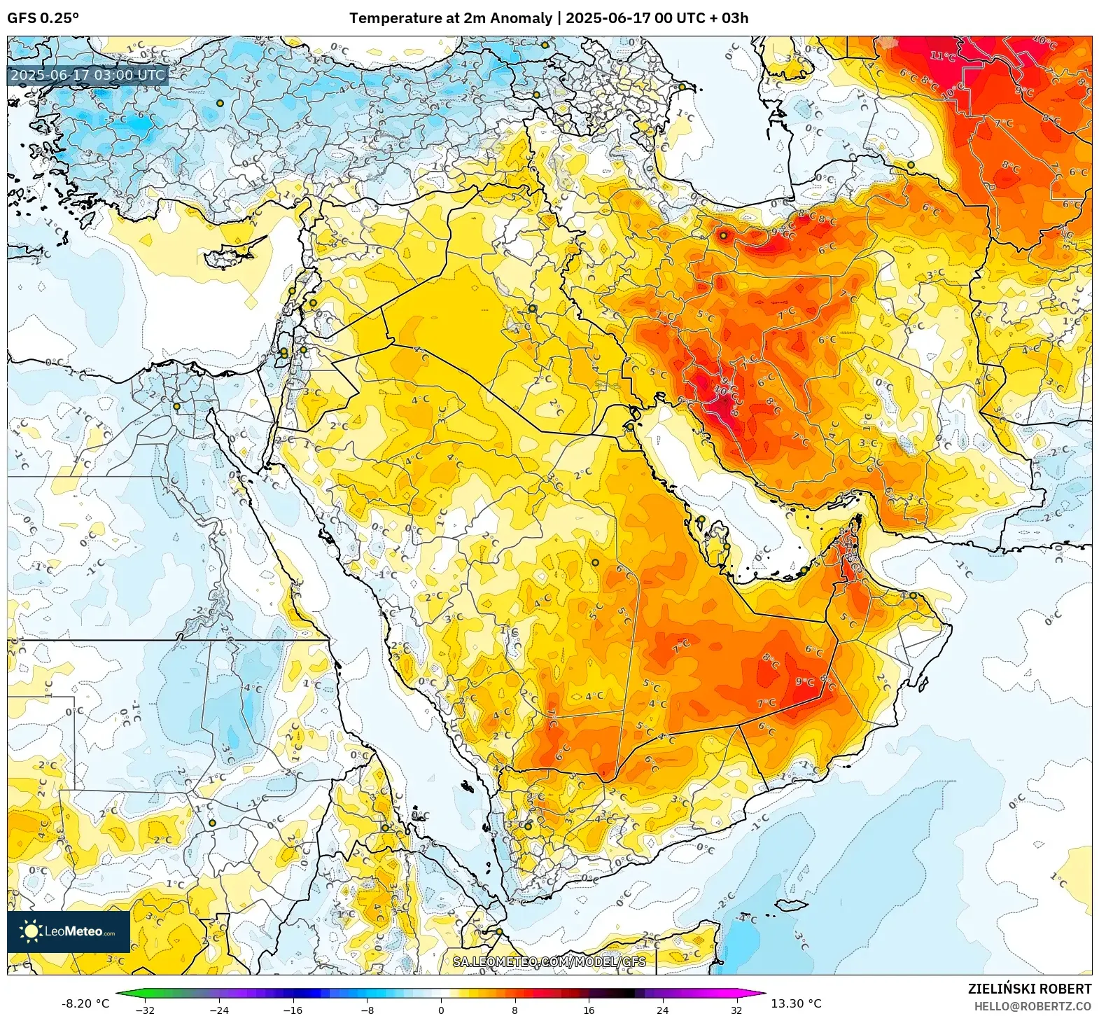 GFS model - Timur Tengah, Anomali Suhu 2 m GFS model - Timur Tengah, Anomali Suhu 2 m