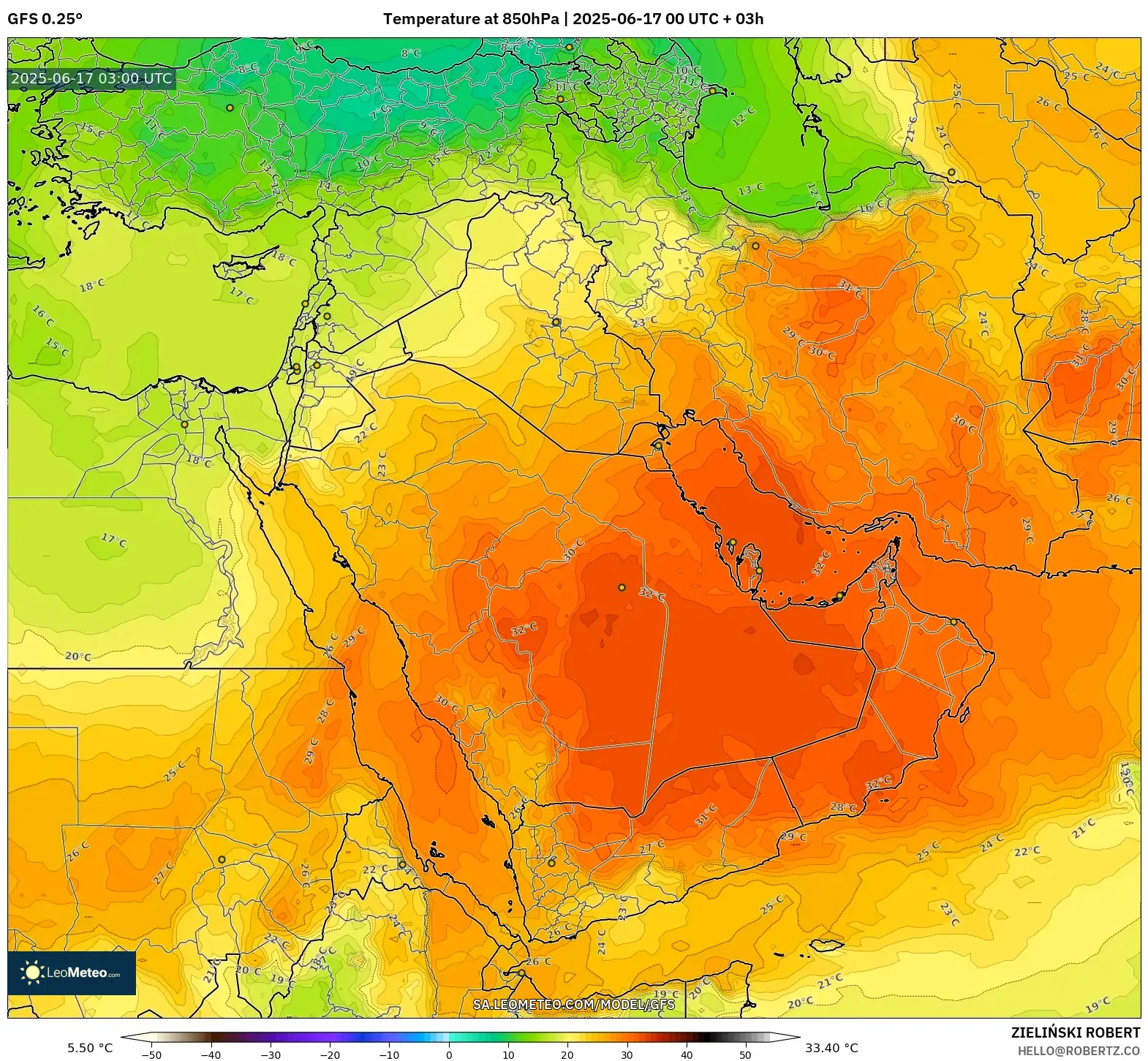 GFS model - Timur Tengah, Suhu 850 hPa GFS model - Timur Tengah, Suhu 850 hPa