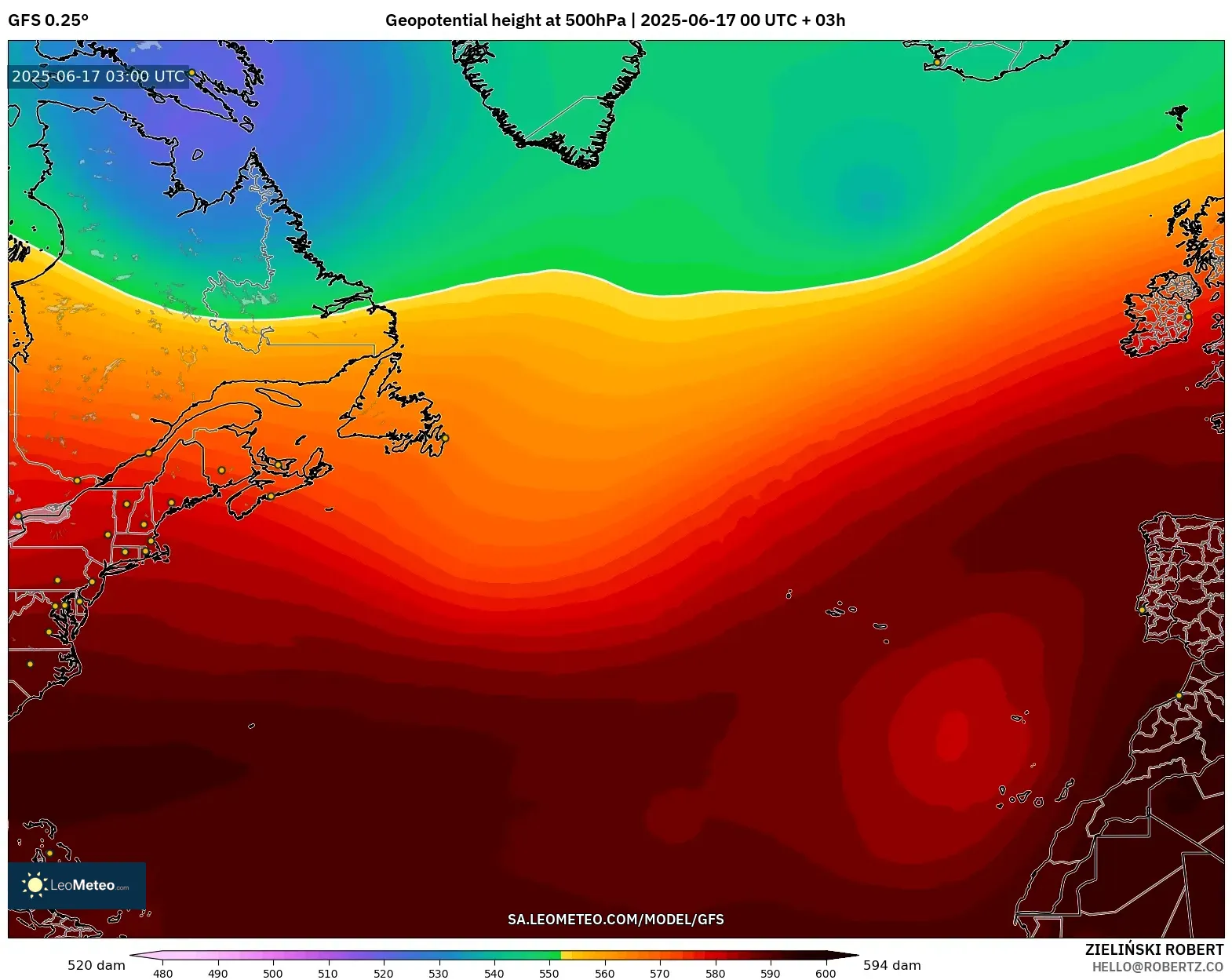 GFS model - Atlantik Utara, Ketinggian geopotensial pada 500 hPa GFS model - Atlantik Utara, Ketinggian geopotensial pada 500 hPa