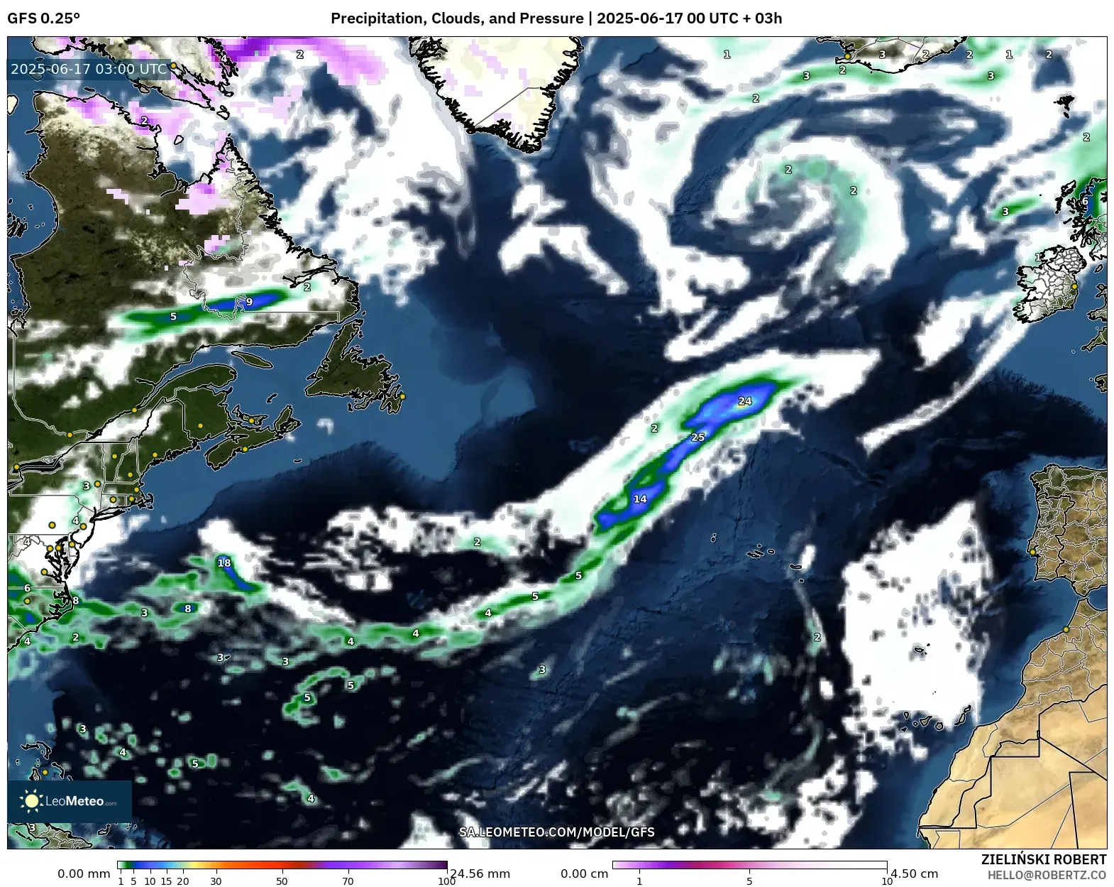 GFS model - Atlantik Utara, Hujan, Awan dan Tekanan GFS model - Atlantik Utara, Hujan, Awan dan Tekanan