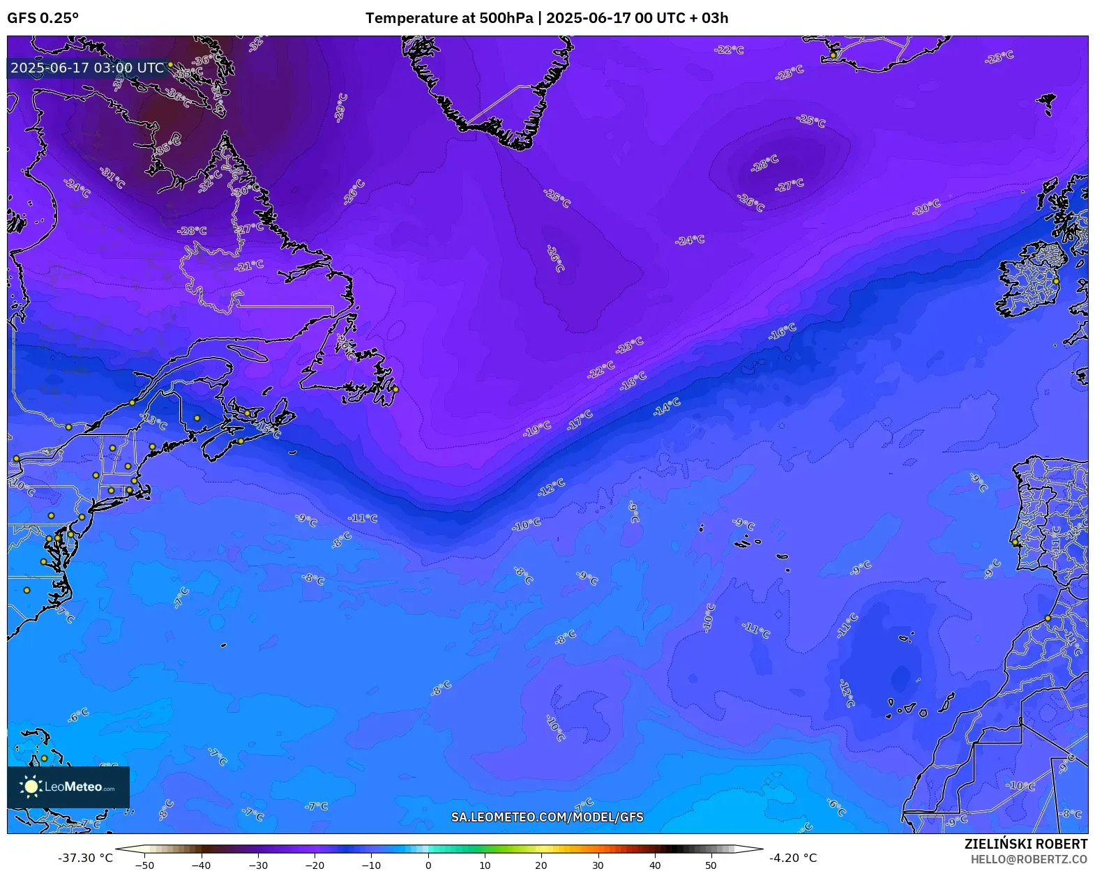 GFS model - Atlantik Utara, Suhu 500 hPa GFS model - Atlantik Utara, Suhu 500 hPa