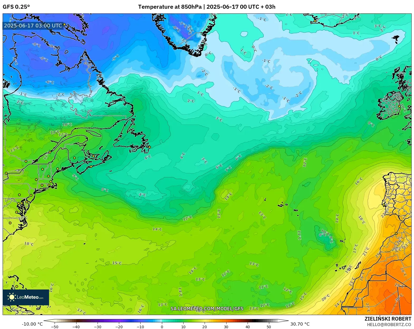 GFS model - Atlantik Utara, Suhu 850 hPa GFS model - Atlantik Utara, Suhu 850 hPa