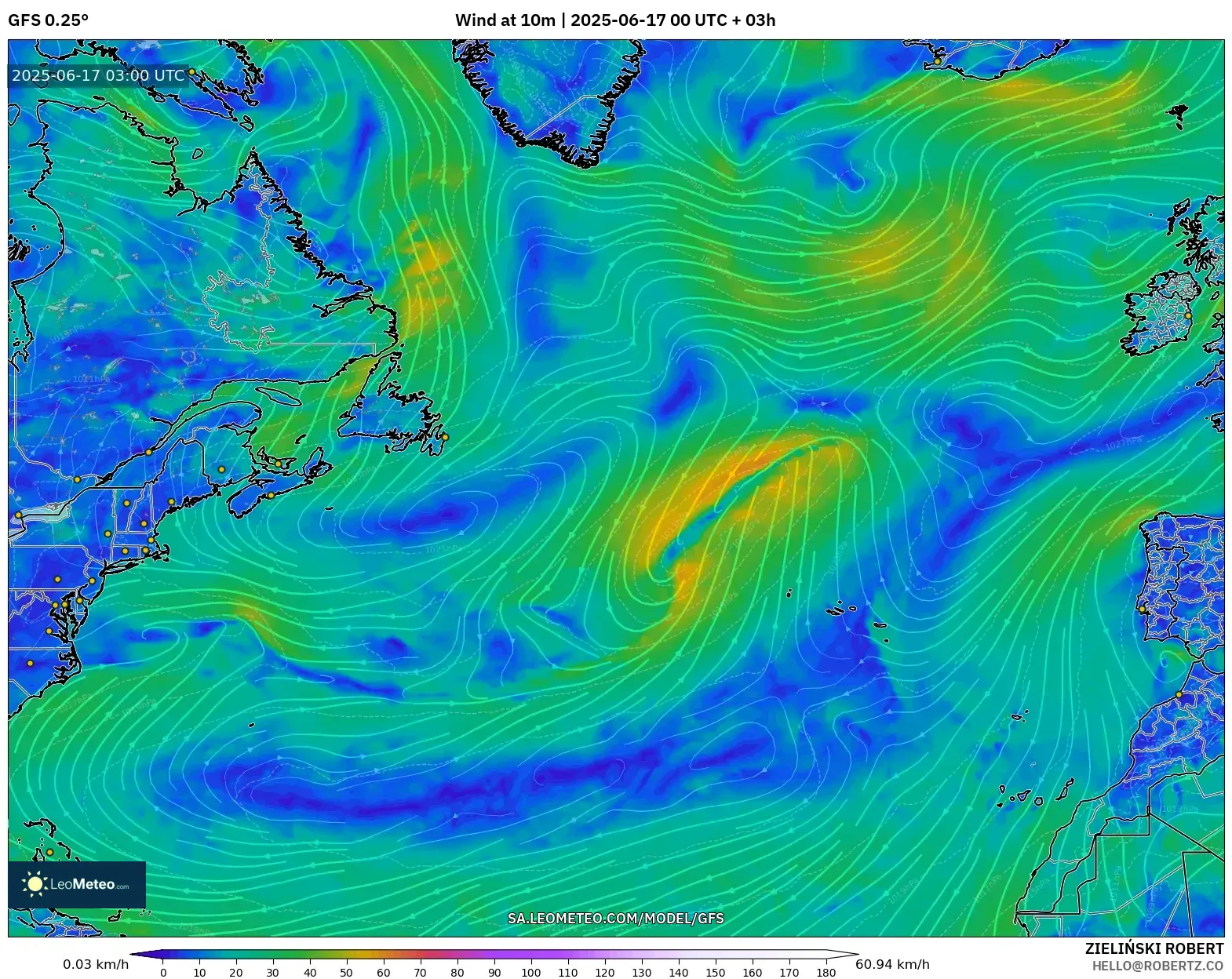 GFS model - Atlantik Utara, Angin 10 m GFS model - Atlantik Utara, Angin 10 m