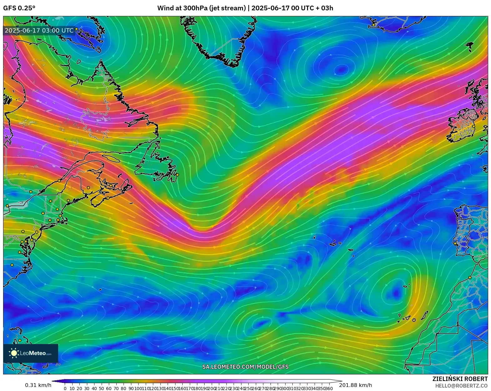 GFS model - Atlantik Utara, Angin 300 hPa (aliran jet) GFS model - Atlantik Utara, Angin 300 hPa (aliran jet)