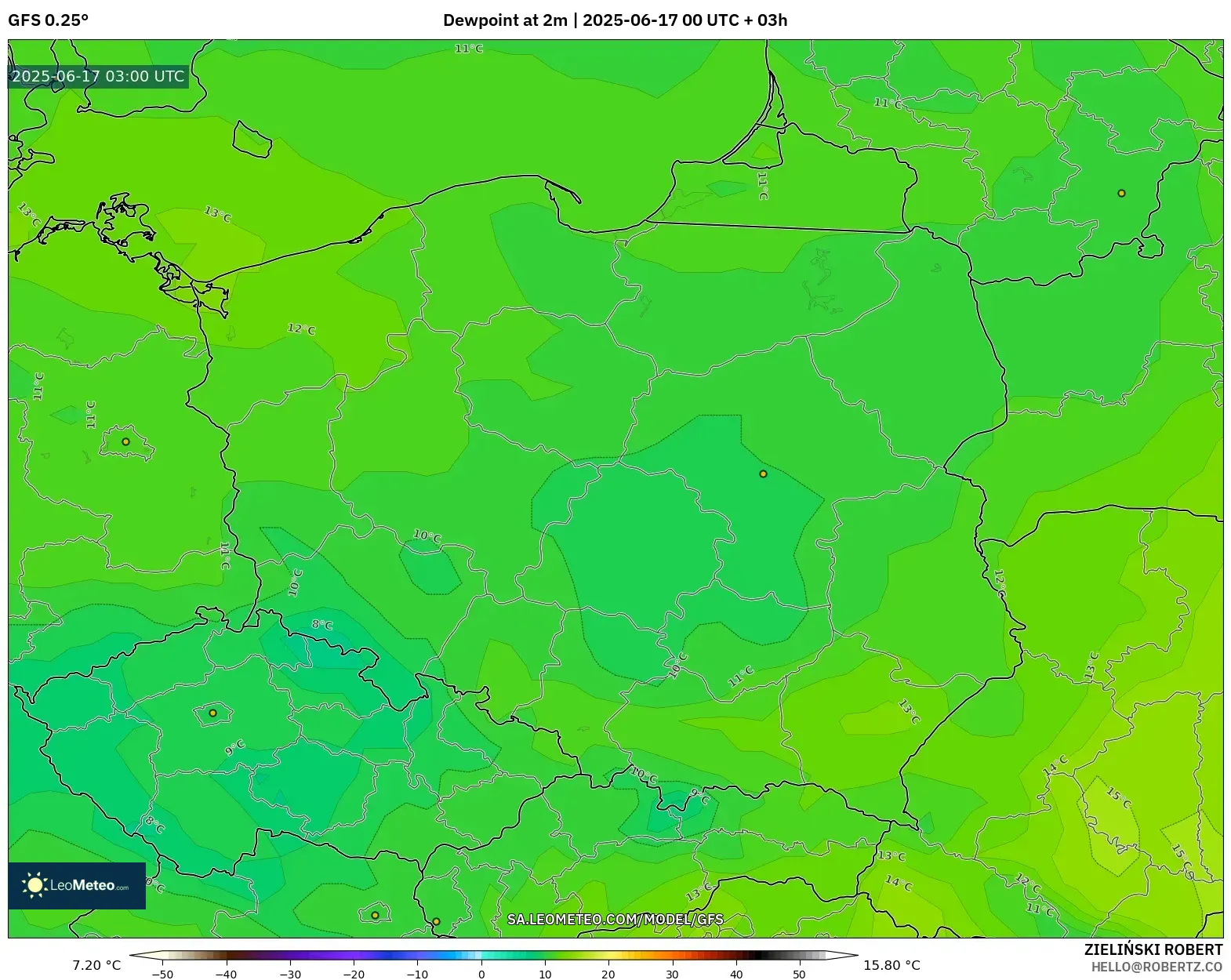 GFS model - Poland, Takat Embun 2 m GFS model - Poland, Takat Embun 2 m