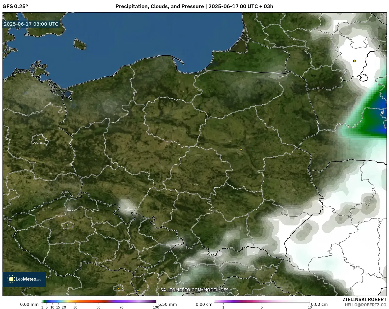 GFS model - Poland, Hujan, Awan dan Tekanan