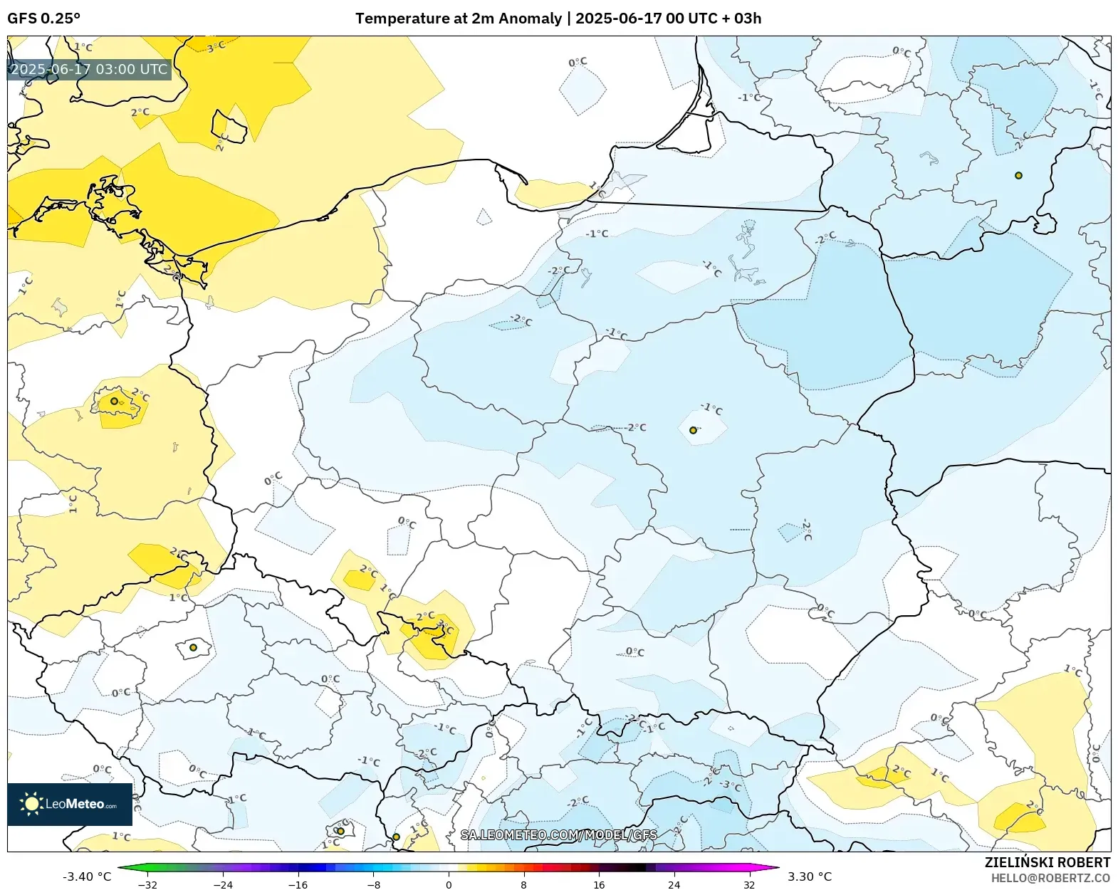GFS model - Poland, Anomali Suhu 2 m GFS model - Poland, Anomali Suhu 2 m