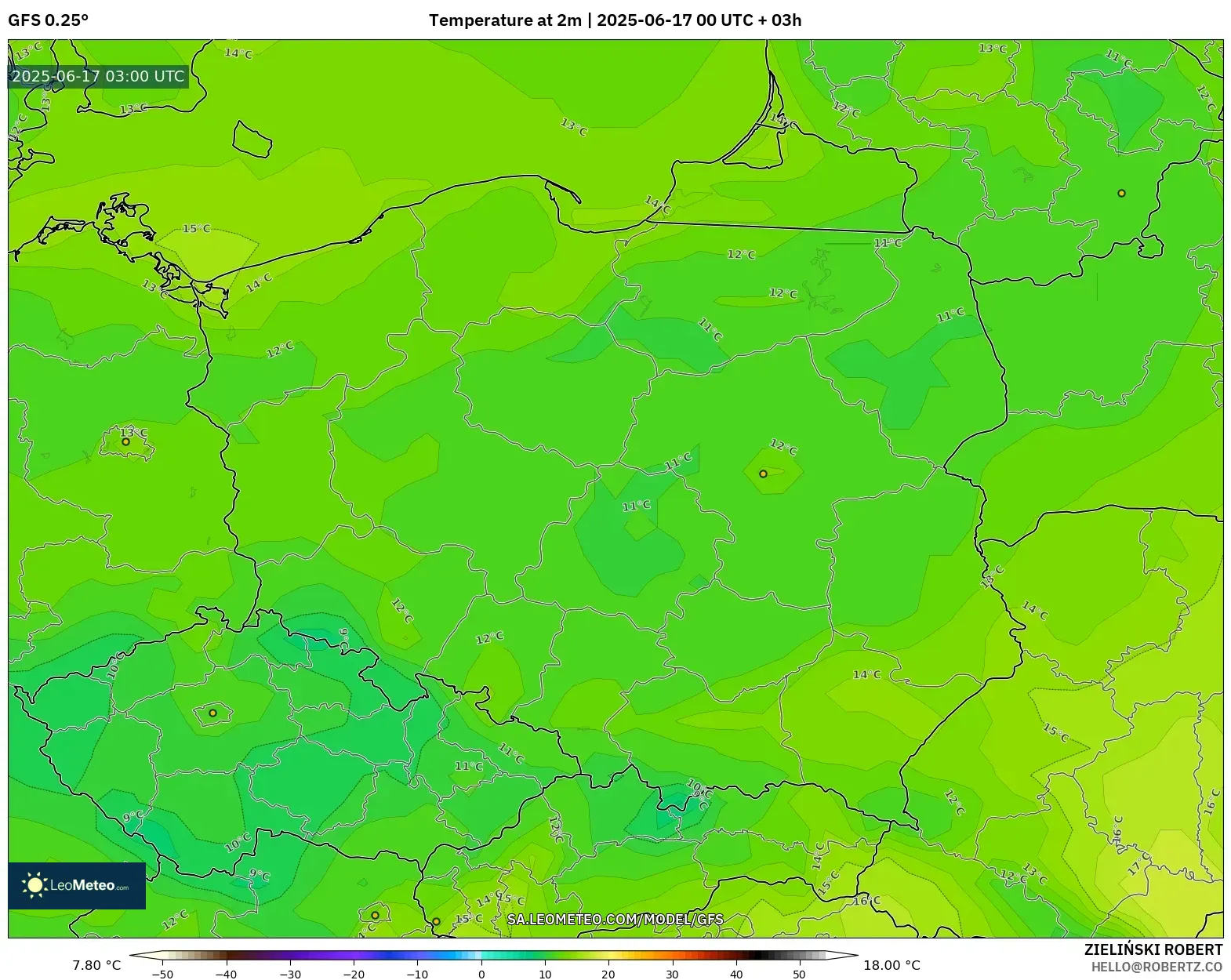 GFS model - Poland, Suhu pada 2 m GFS model - Poland, Suhu pada 2 m