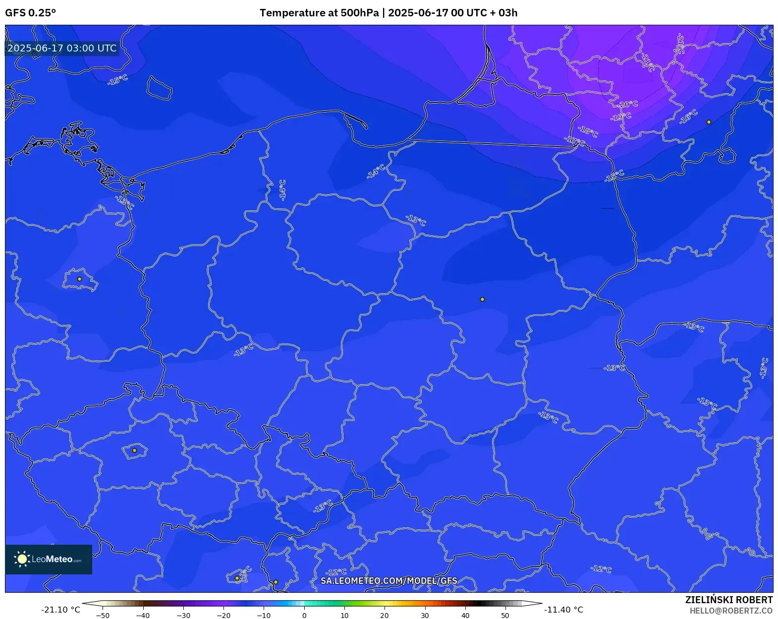 GFS model - Poland, Suhu 500 hPa GFS model - Poland, Suhu 500 hPa