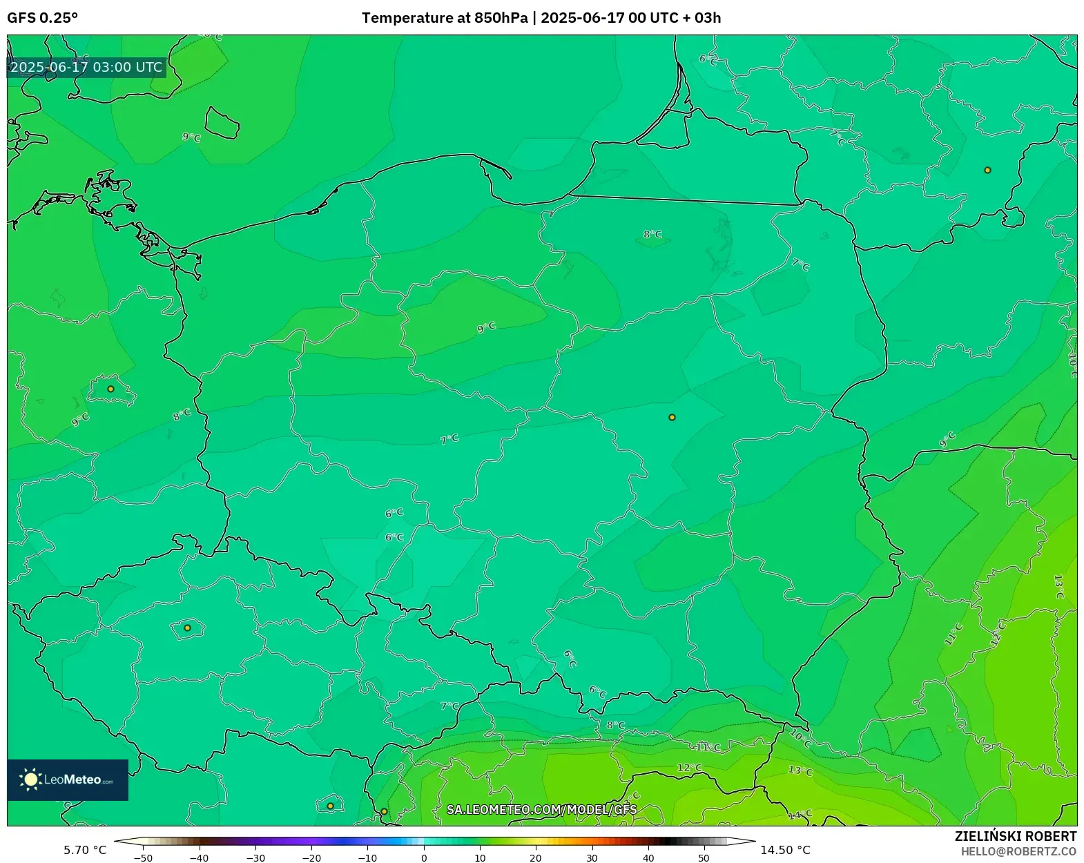 GFS model - Poland, Suhu 850 hPa GFS model - Poland, Suhu 850 hPa