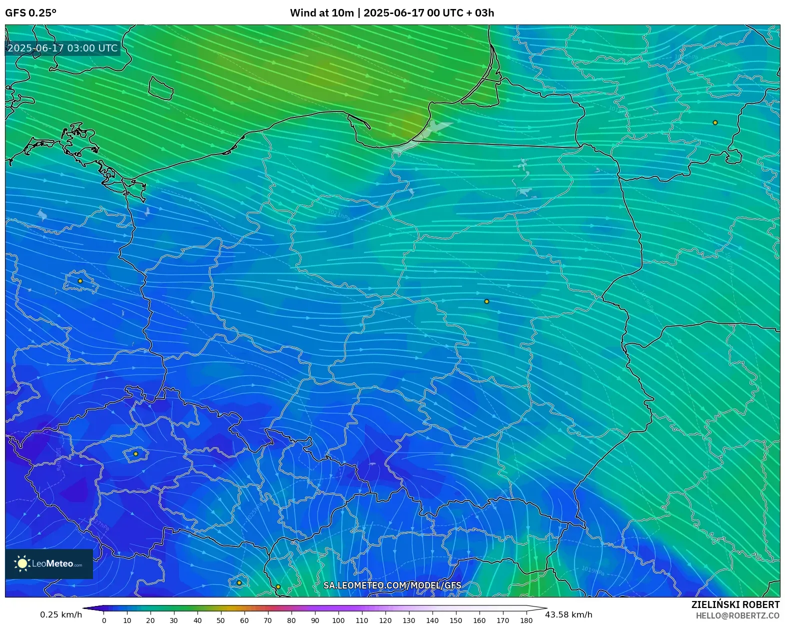 GFS model - Poland, Angin 10 m GFS model - Poland, Angin 10 m