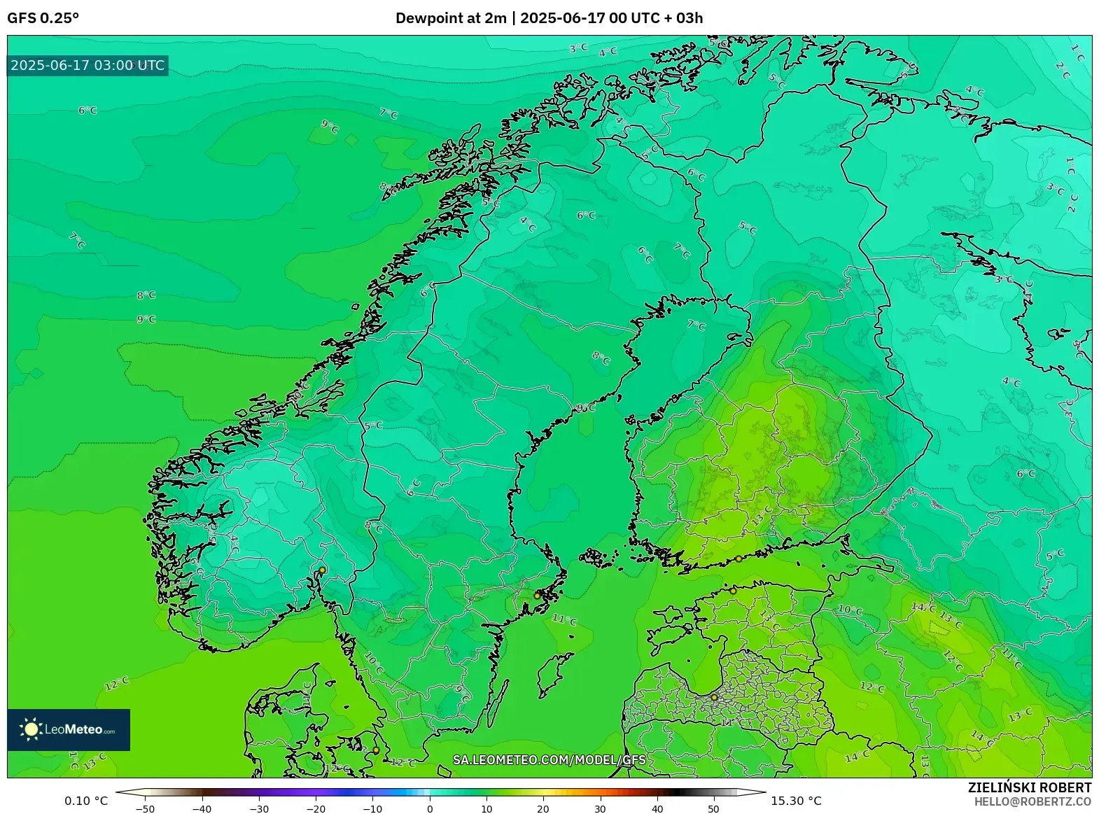 GFS model - Skandinavia, Takat Embun 2 m GFS model - Skandinavia, Takat Embun 2 m