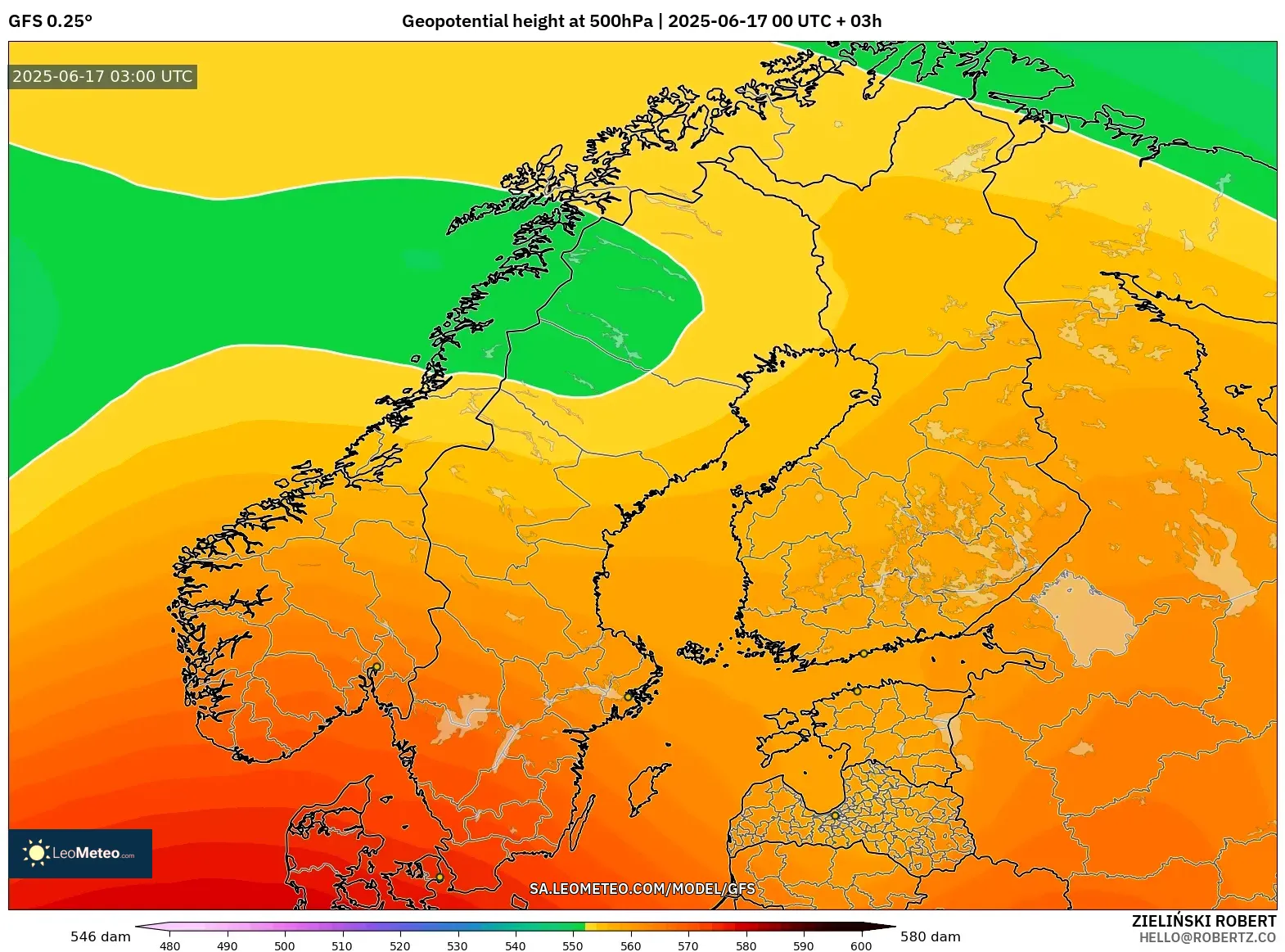 GFS model - Skandinavia, Ketinggian geopotensial pada 500 hPa GFS model - Skandinavia, Ketinggian geopotensial pada 500 hPa