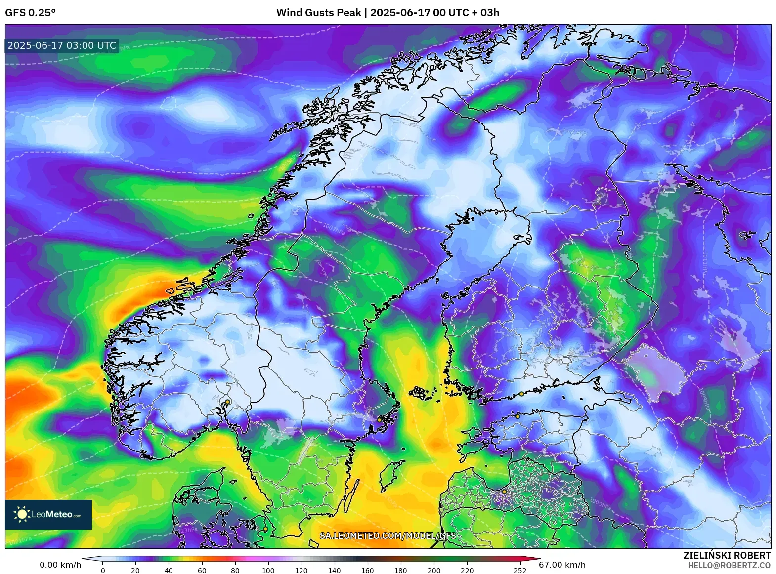 GFS model - Skandinavia, Hembusan Tertinggi