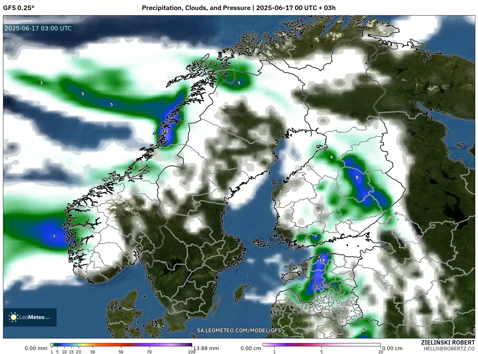 GFS model - Skandinavia, Hujan, Awan dan Tekanan