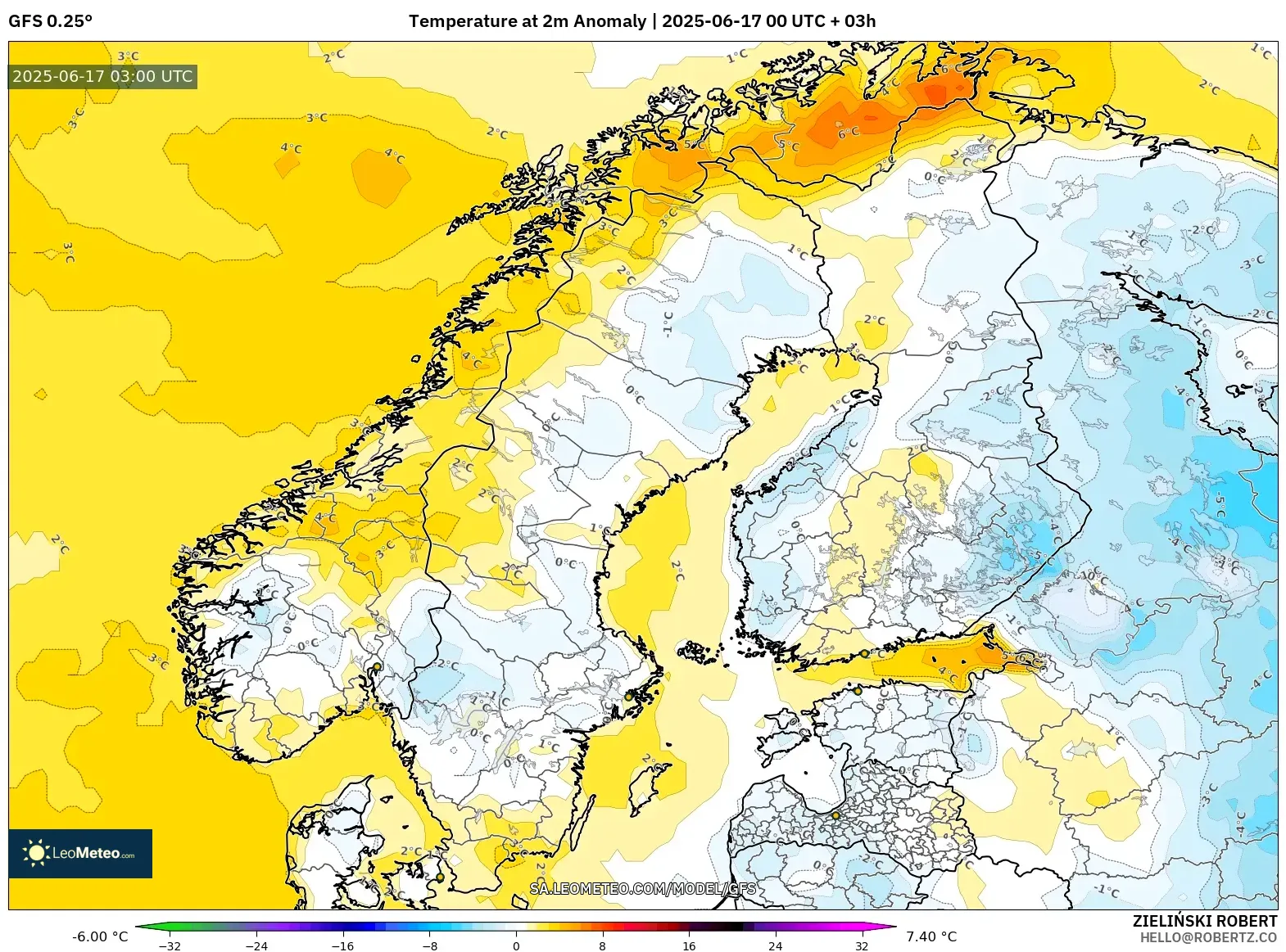 GFS model - Skandinavia, Anomali Suhu 2 m