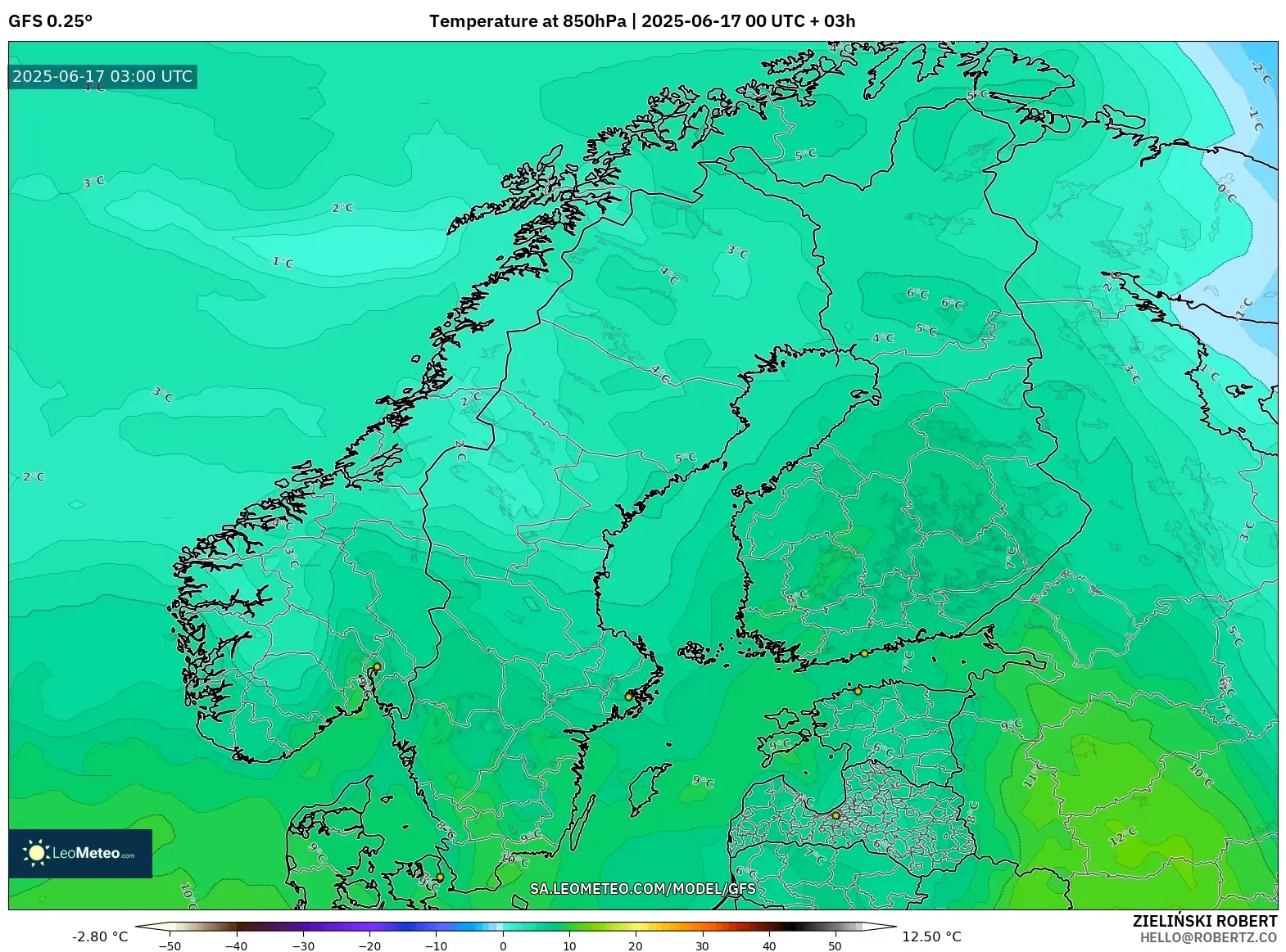 GFS model - Skandinavia, Suhu 850 hPa GFS model - Skandinavia, Suhu 850 hPa