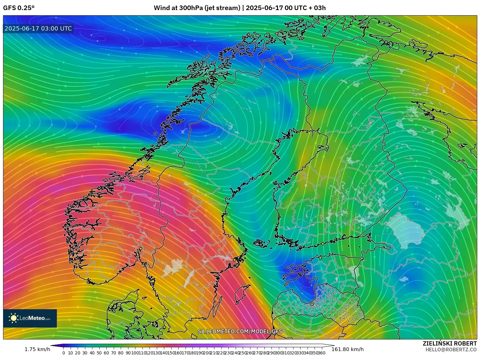 GFS model - Skandinavia, Angin 300 hPa (aliran jet) GFS model - Skandinavia, Angin 300 hPa (aliran jet)
