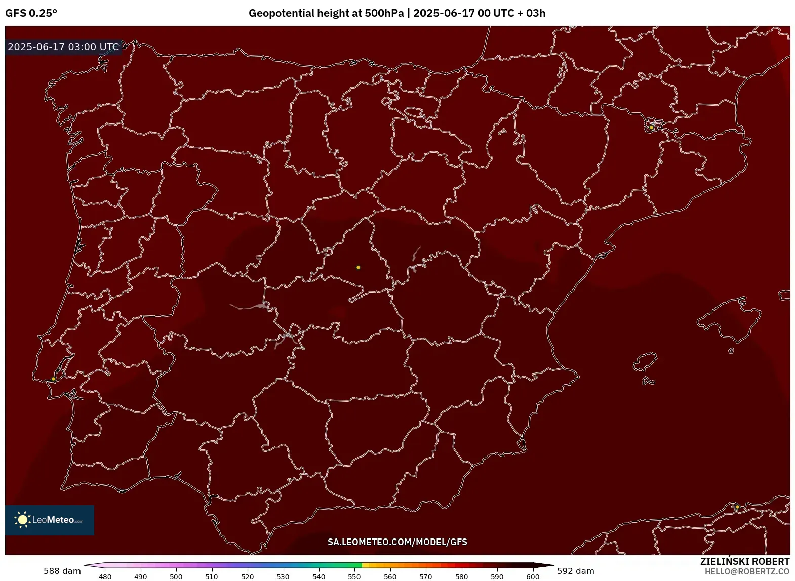 GFS model - Sepanyol, Ketinggian geopotensial pada 500 hPa GFS model - Sepanyol, Ketinggian geopotensial pada 500 hPa