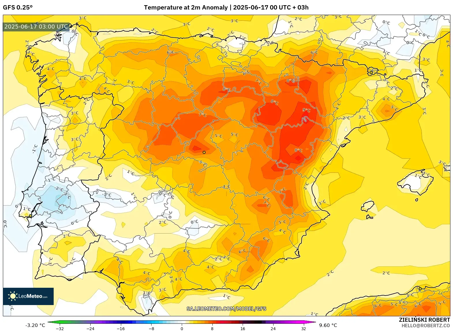 GFS model - Sepanyol, Anomali Suhu 2 m GFS model - Sepanyol, Anomali Suhu 2 m